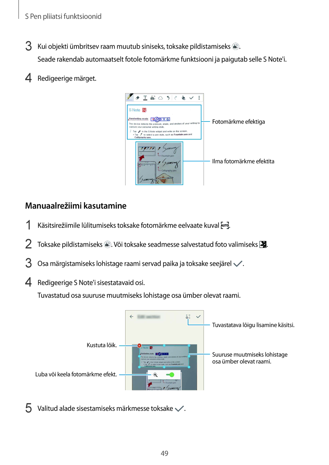 Samsung SM-N910FZWEBAL manual Manuaalrežiimi kasutamine, Redigeerige märget, Valitud alade sisestamiseks märkmesse toksake 