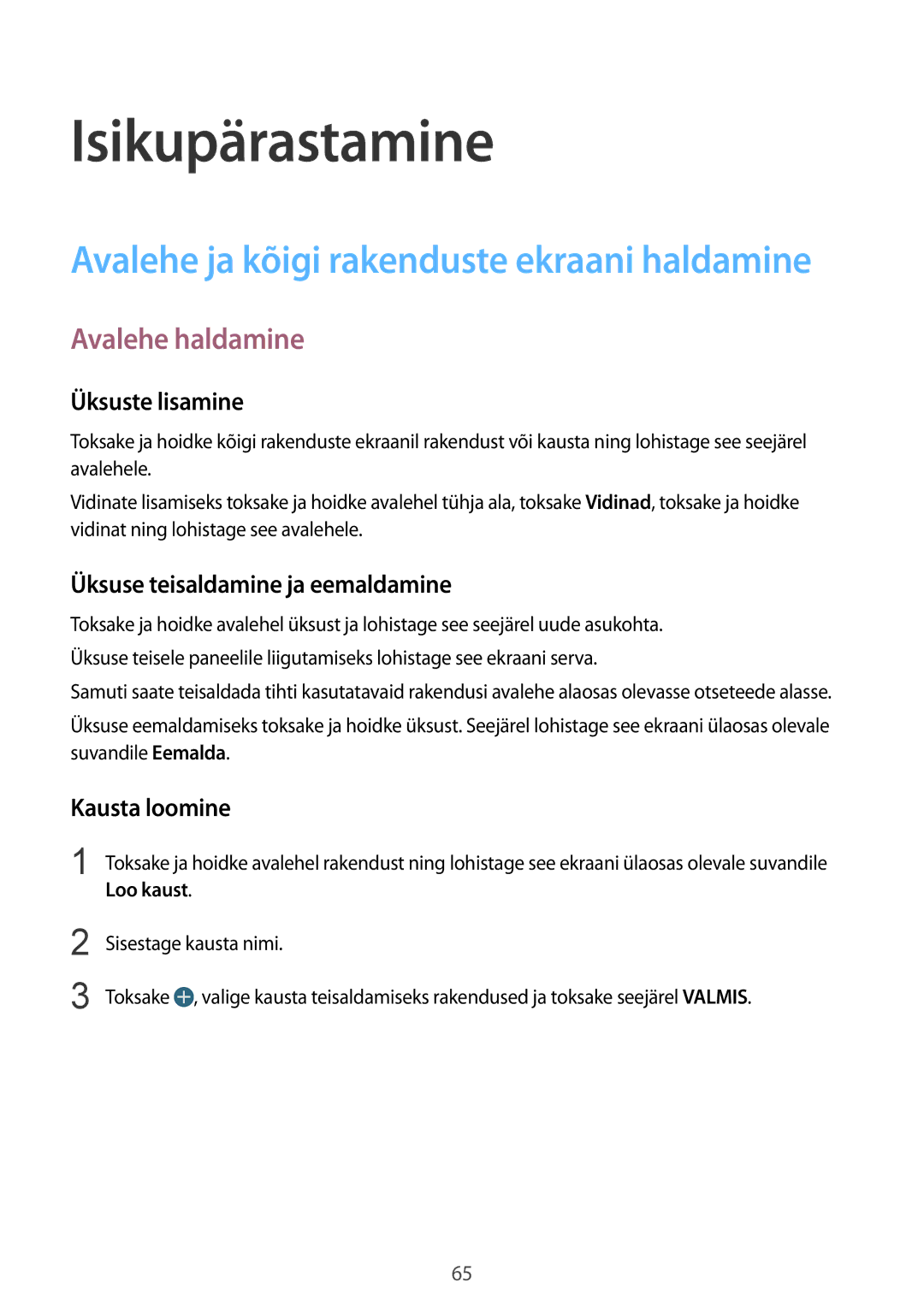 Samsung SM-N910FZDEBAL manual Isikupärastamine, Avalehe haldamine, Üksuste lisamine, Üksuse teisaldamine ja eemaldamine 