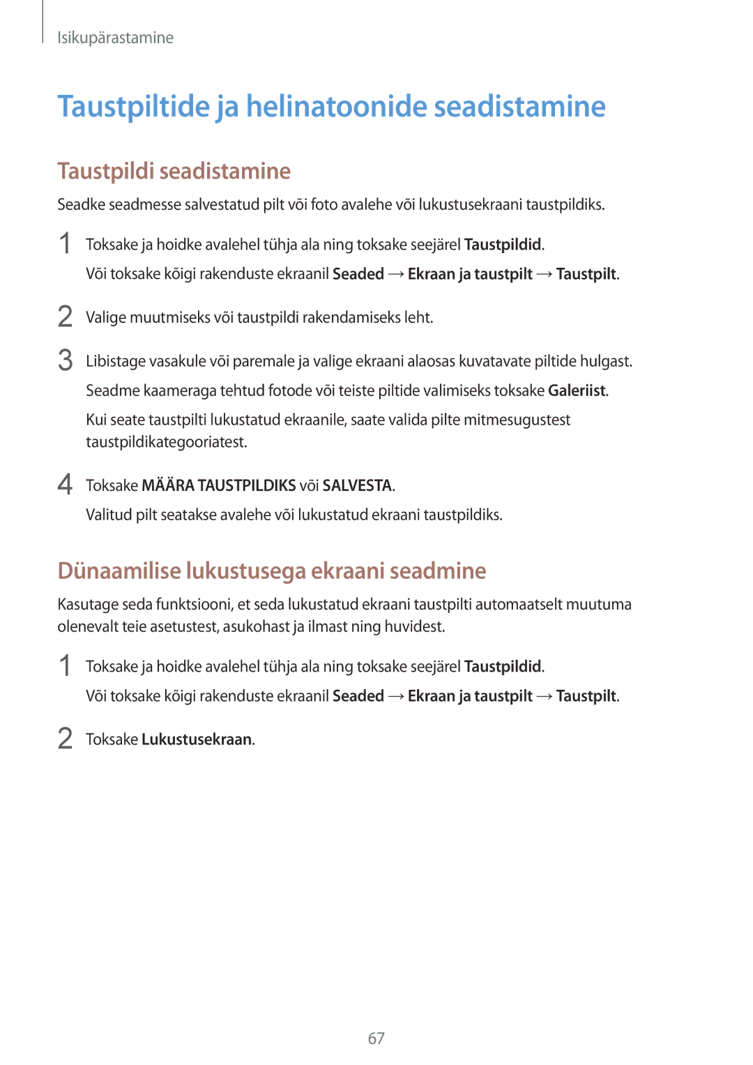 Samsung SM-N910CZKESEB manual Taustpiltide ja helinatoonide seadistamine, Taustpildi seadistamine, Toksake Lukustusekraan 