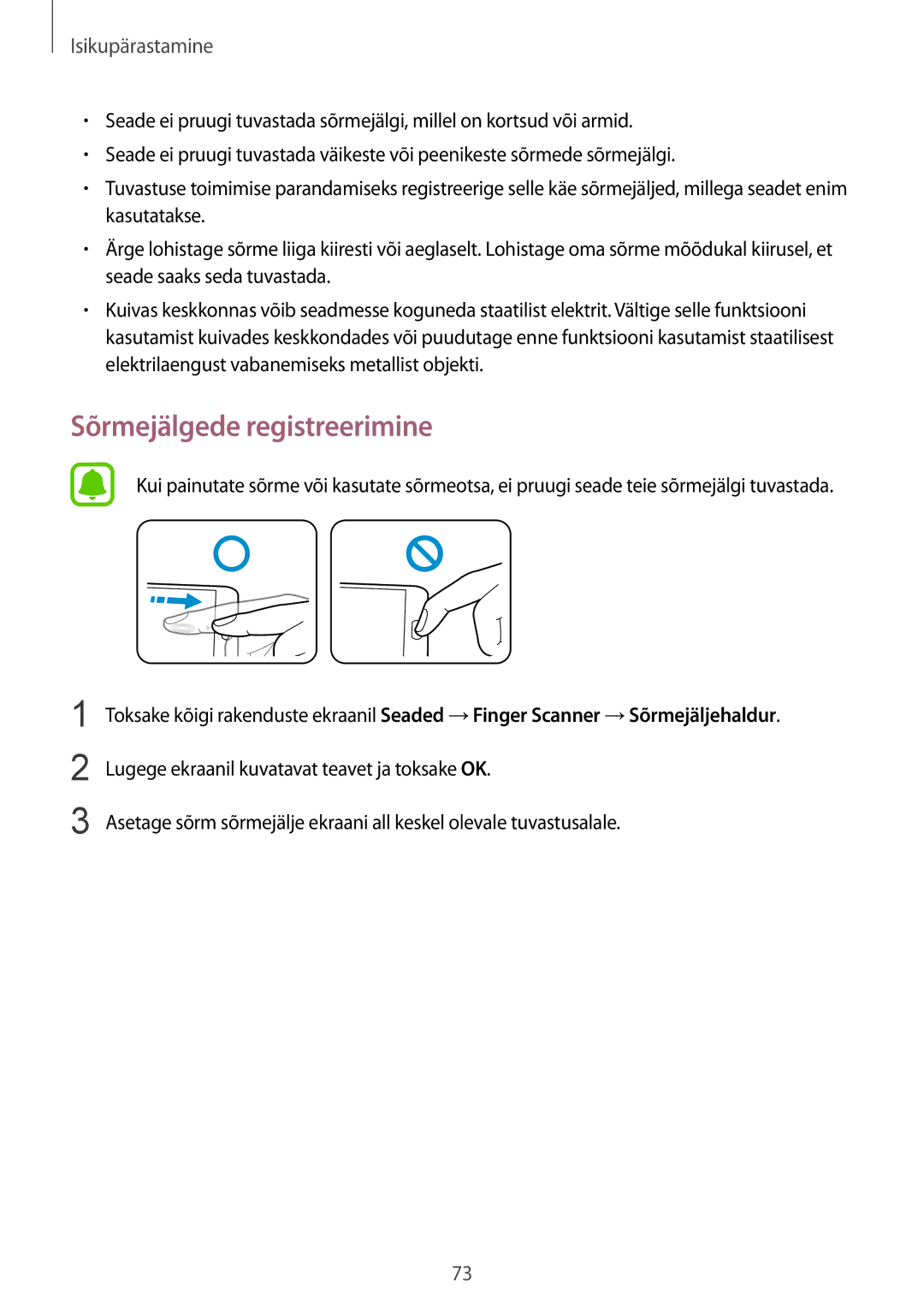 Samsung SM-N910FZKEBAL, SM-N910FZWEBAL, SM-N910FZIEBAL, SM-N910FZDEBAL, SM-N910CZKESEB manual Sõrmejälgede registreerimine 