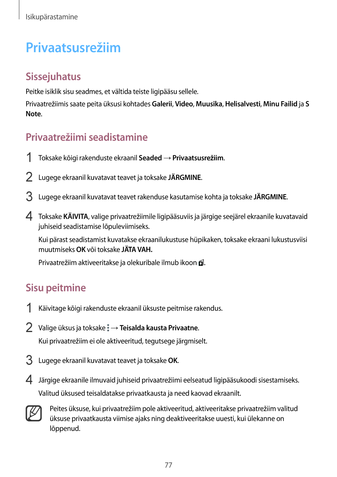 Samsung SM-N910FZWEBAL, SM-N910FZIEBAL, SM-N910FZDEBAL manual Privaatsusrežiim, Privaatrežiimi seadistamine, Sisu peitmine 