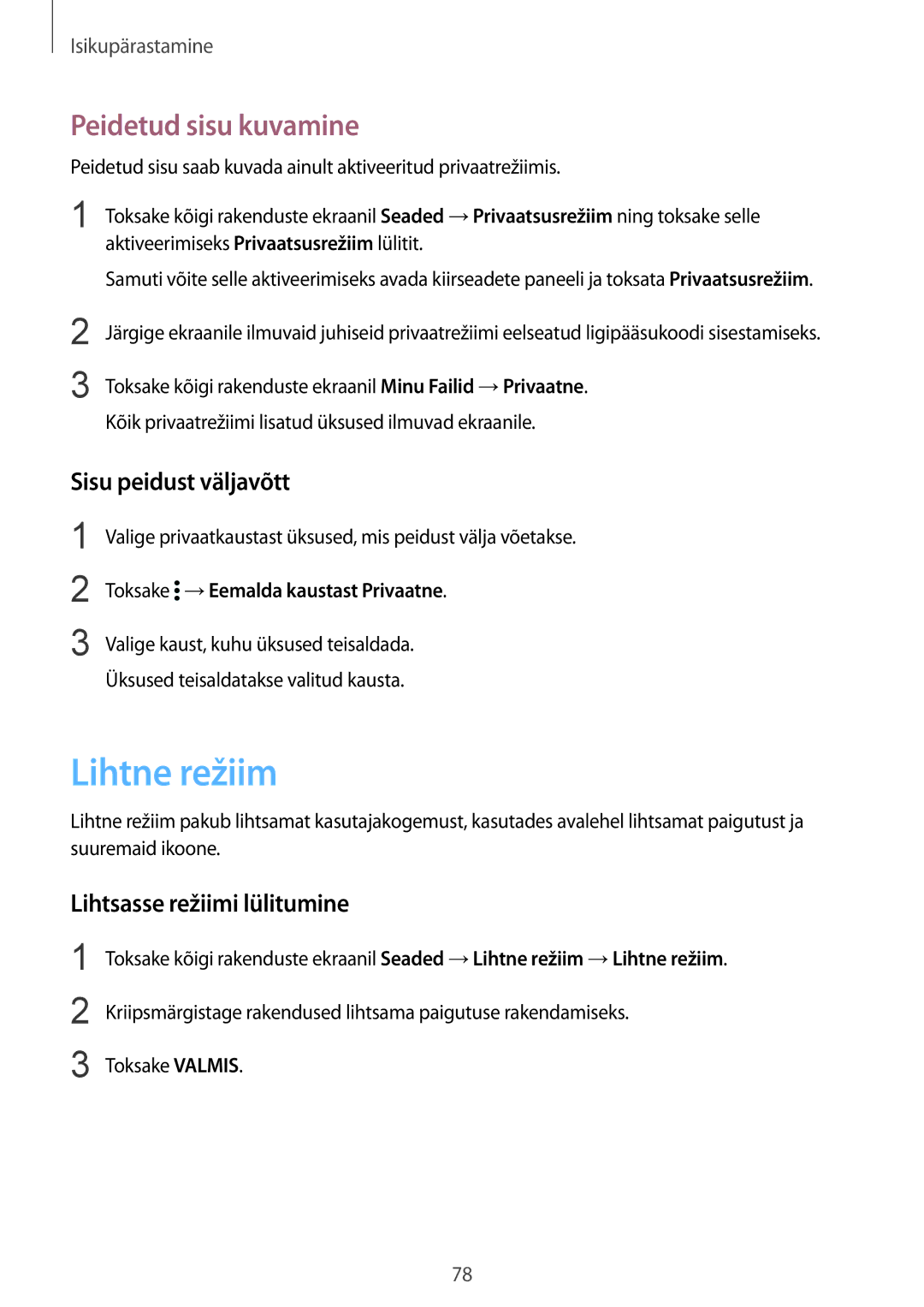 Samsung SM-N910FZIEBAL manual Lihtne režiim, Peidetud sisu kuvamine, Sisu peidust väljavõtt, Lihtsasse režiimi lülitumine 