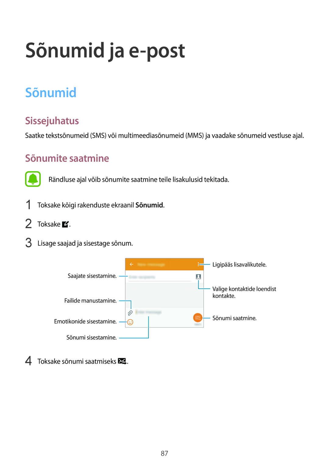 Samsung SM-N910FZKEBAL, SM-N910FZWEBAL, SM-N910FZIEBAL manual Sõnumid ja e-post, Sõnumite saatmine, Toksake sõnumi saatmiseks 