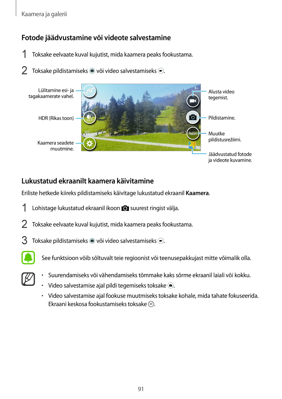 Samsung SM-N910FZWEBAL manual Fotode jäädvustamine või videote salvestamine, Lukustatud ekraanilt kaamera käivitamine 