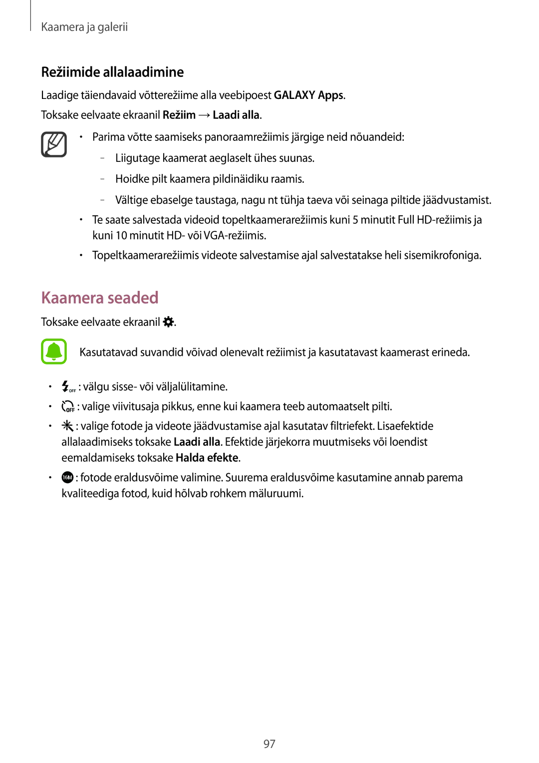 Samsung SM-N910CZWESEB, SM-N910FZWEBAL, SM-N910FZIEBAL, SM-N910FZDEBAL manual Kaamera seaded, Režiimide allalaadimine 