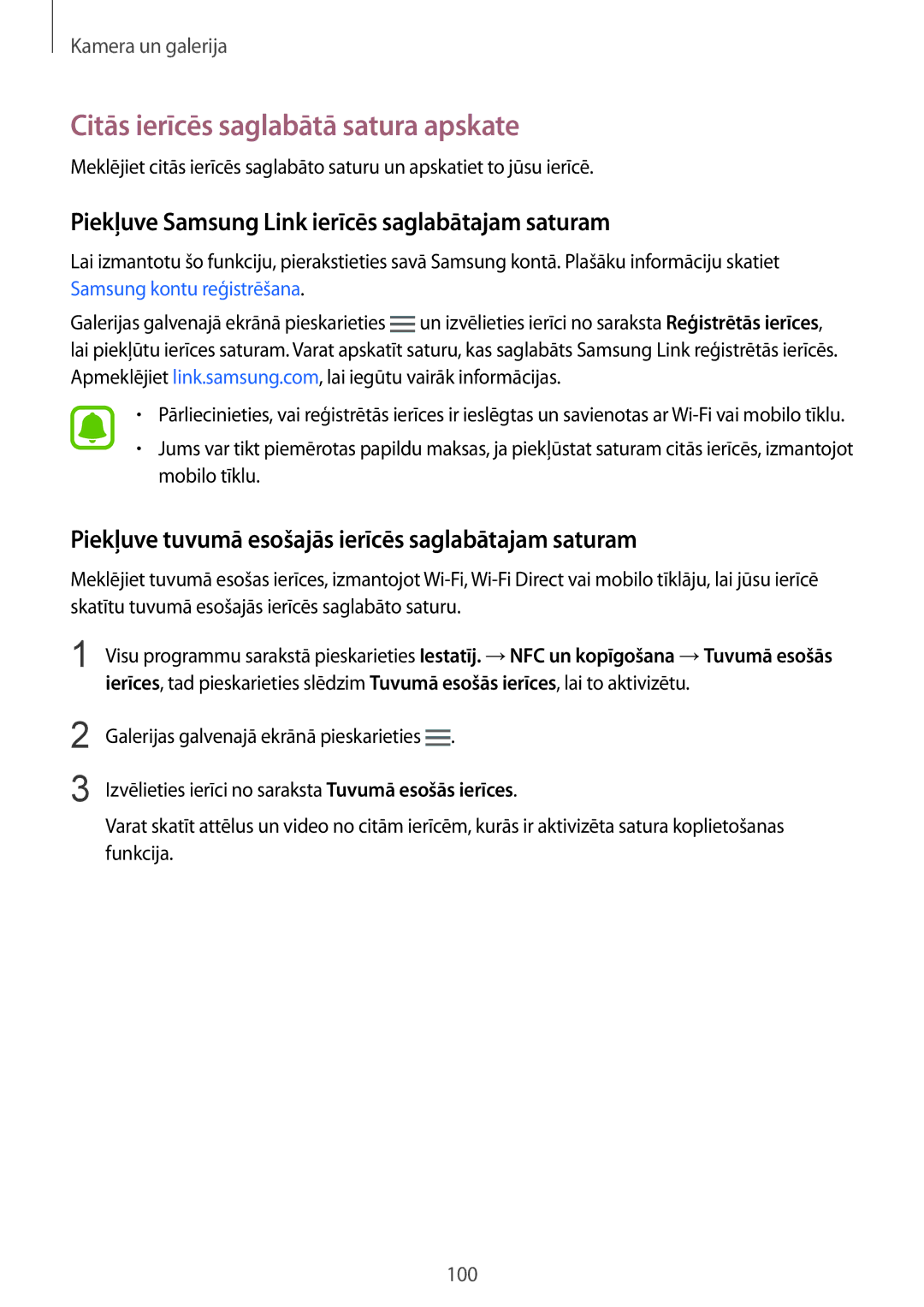 Samsung SM-N910FZDEBAL manual Citās ierīcēs saglabātā satura apskate, Piekļuve Samsung Link ierīcēs saglabātajam saturam 