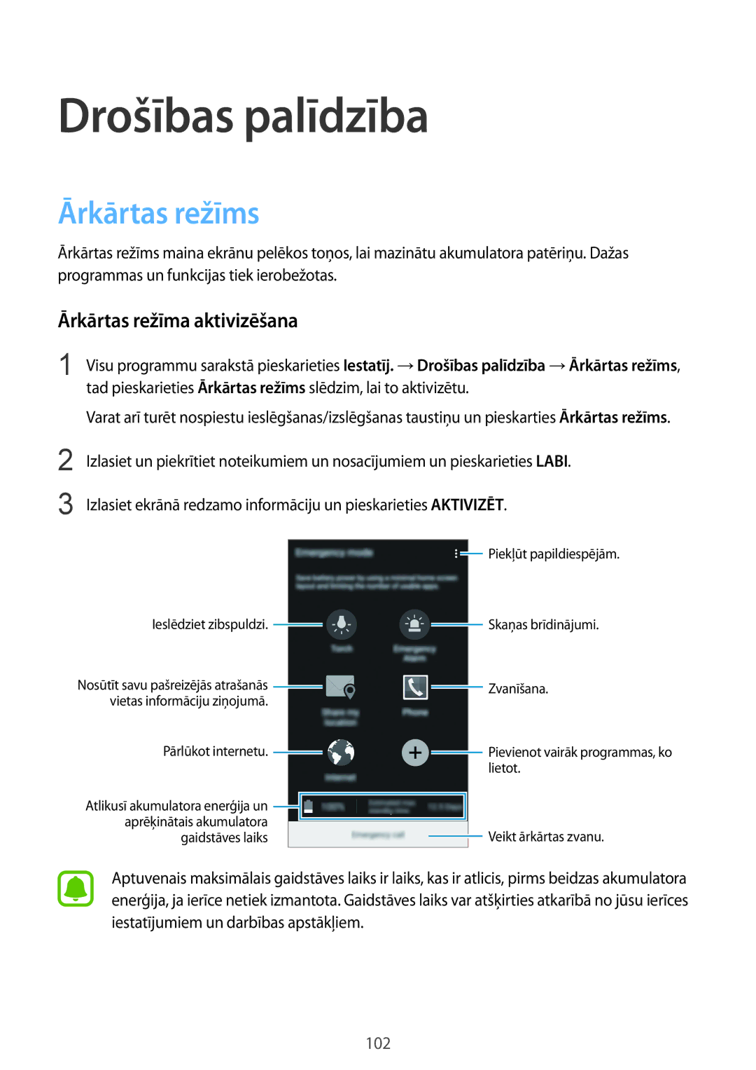 Samsung SM-N910CZKESEB, SM-N910FZWEBAL, SM-N910FZIEBAL Drošības palīdzība, Ārkārtas režīms, Ārkārtas režīma aktivizēšana 