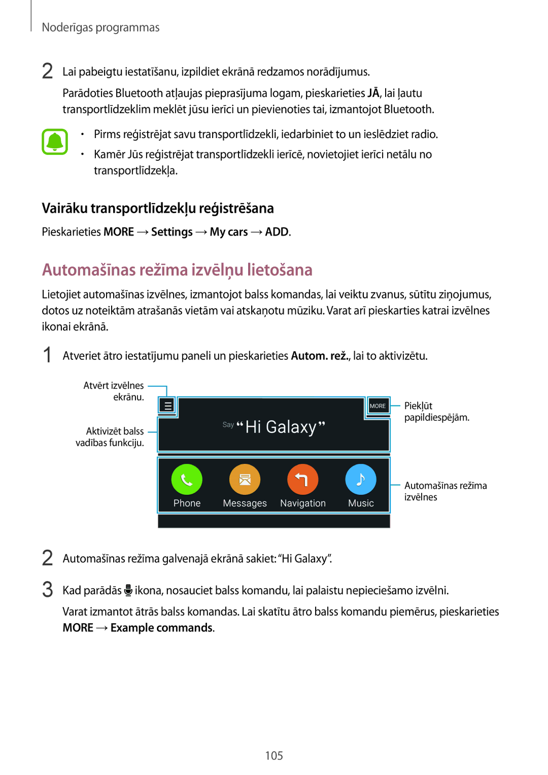 Samsung SM-N910FZWEBAL, SM-N910FZIEBAL manual Automašīnas režīma izvēlņu lietošana, Vairāku transportlīdzekļu reģistrēšana 