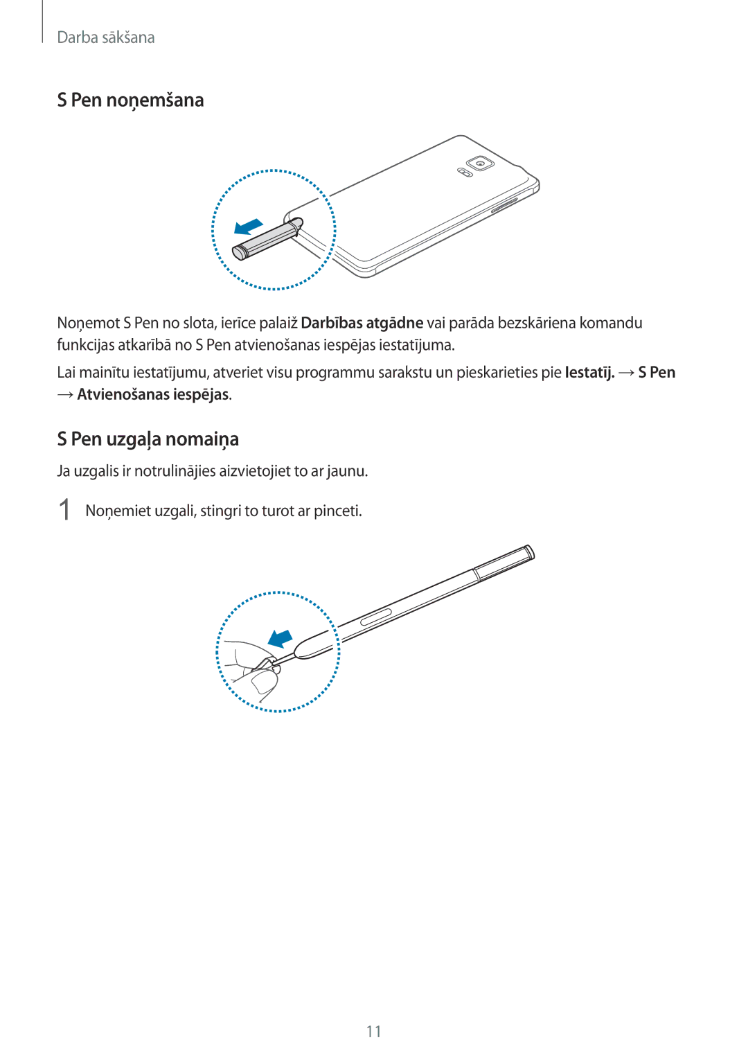 Samsung SM-N910CZKESEB, SM-N910FZWEBAL, SM-N910FZIEBAL, SM-N910FZDEBAL, SM-N910FZKEBAL manual Pen noņemšana, Pen uzgaļa nomaiņa 