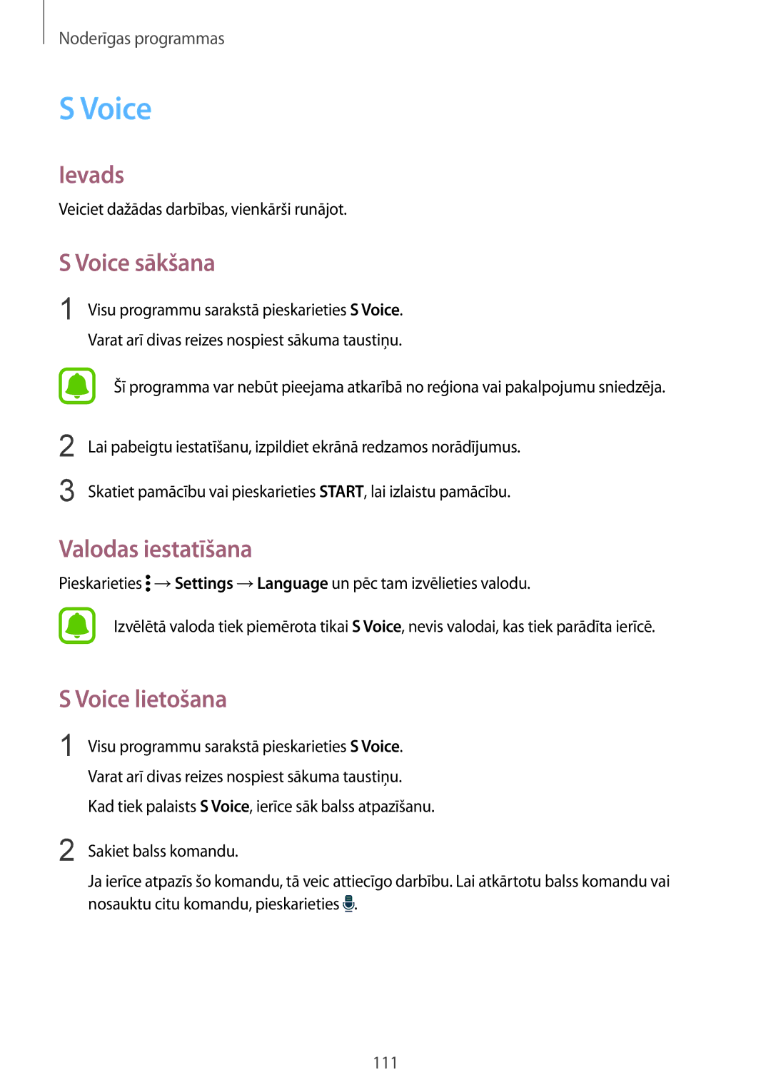 Samsung SM-N910CZWESEB, SM-N910FZWEBAL, SM-N910FZIEBAL manual Voice sākšana, Valodas iestatīšana, Voice lietošana 