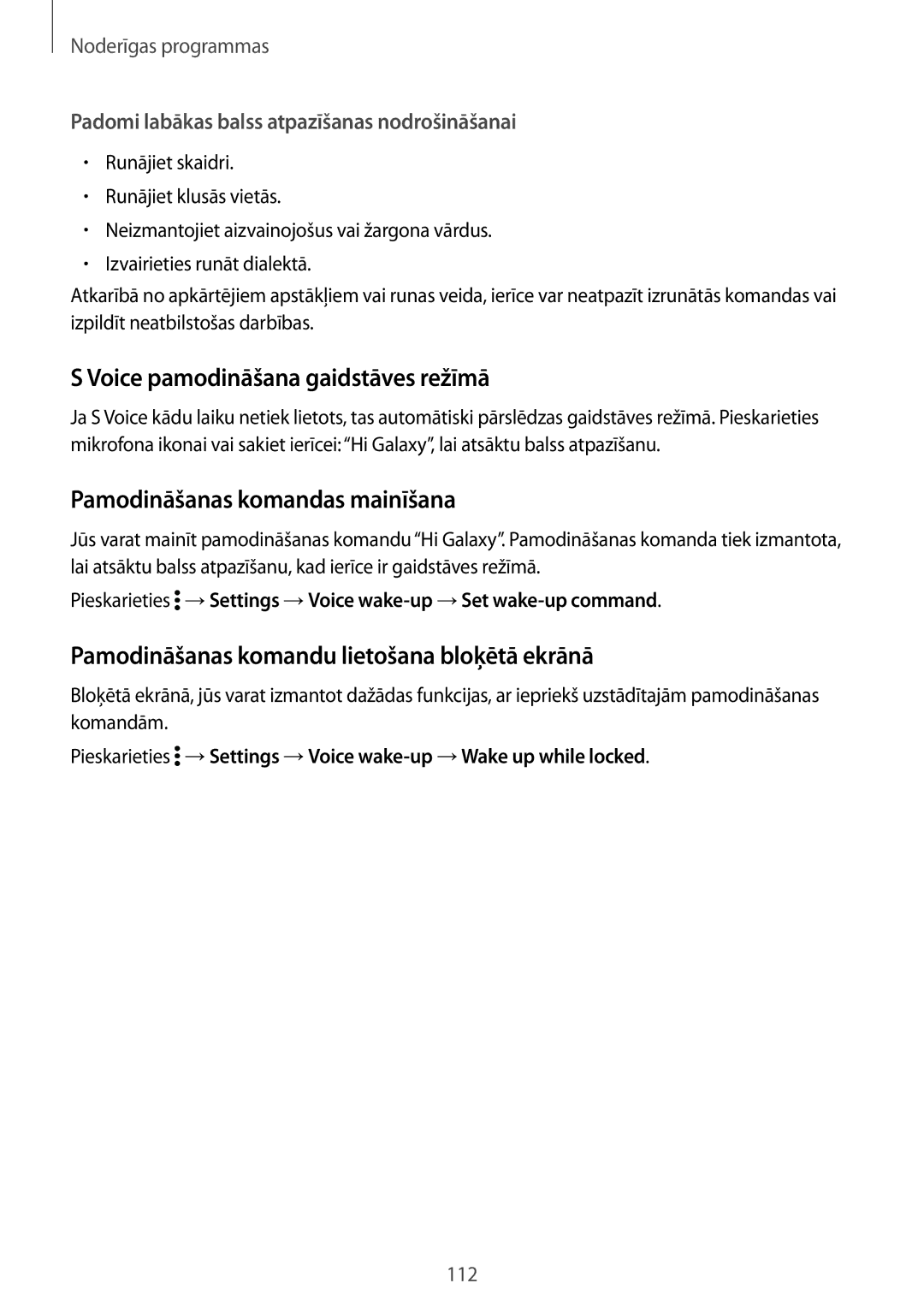 Samsung SM-N910FZWEBAL, SM-N910FZIEBAL manual Voice pamodināšana gaidstāves režīmā, Pamodināšanas komandas mainīšana 