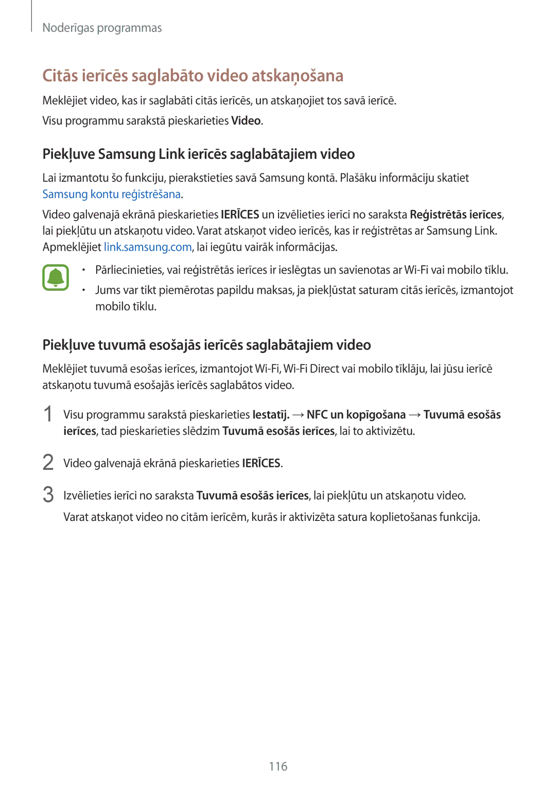 Samsung SM-N910CZKESEB manual Citās ierīcēs saglabāto video atskaņošana, Piekļuve Samsung Link ierīcēs saglabātajiem video 