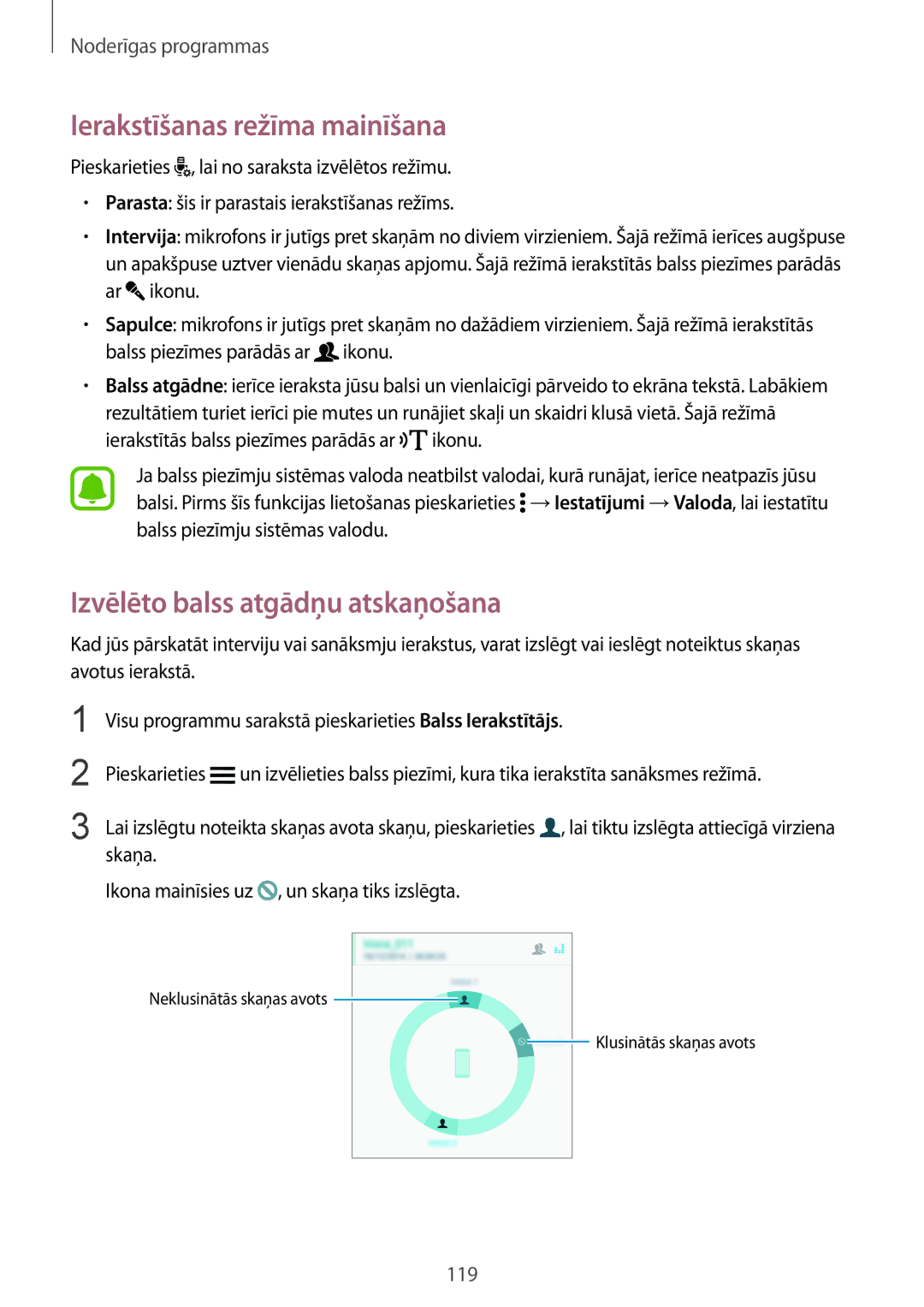 Samsung SM-N910FZWEBAL, SM-N910FZIEBAL, SM-N910FZDEBAL Ierakstīšanas režīma mainīšana, Izvēlēto balss atgādņu atskaņošana 