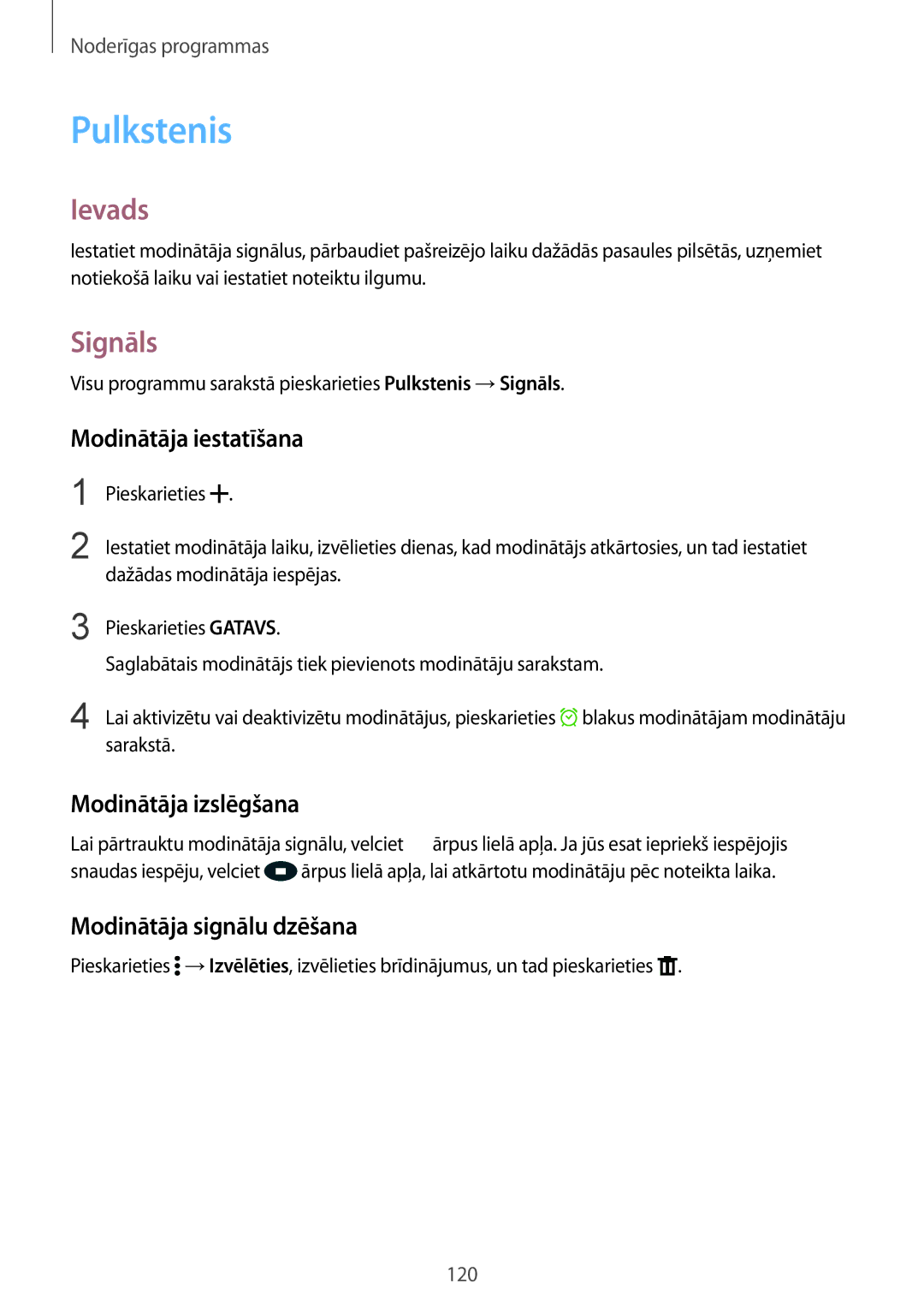 Samsung SM-N910FZIEBAL Pulkstenis, Signāls, Modinātāja iestatīšana, Modinātāja izslēgšana, Modinātāja signālu dzēšana 