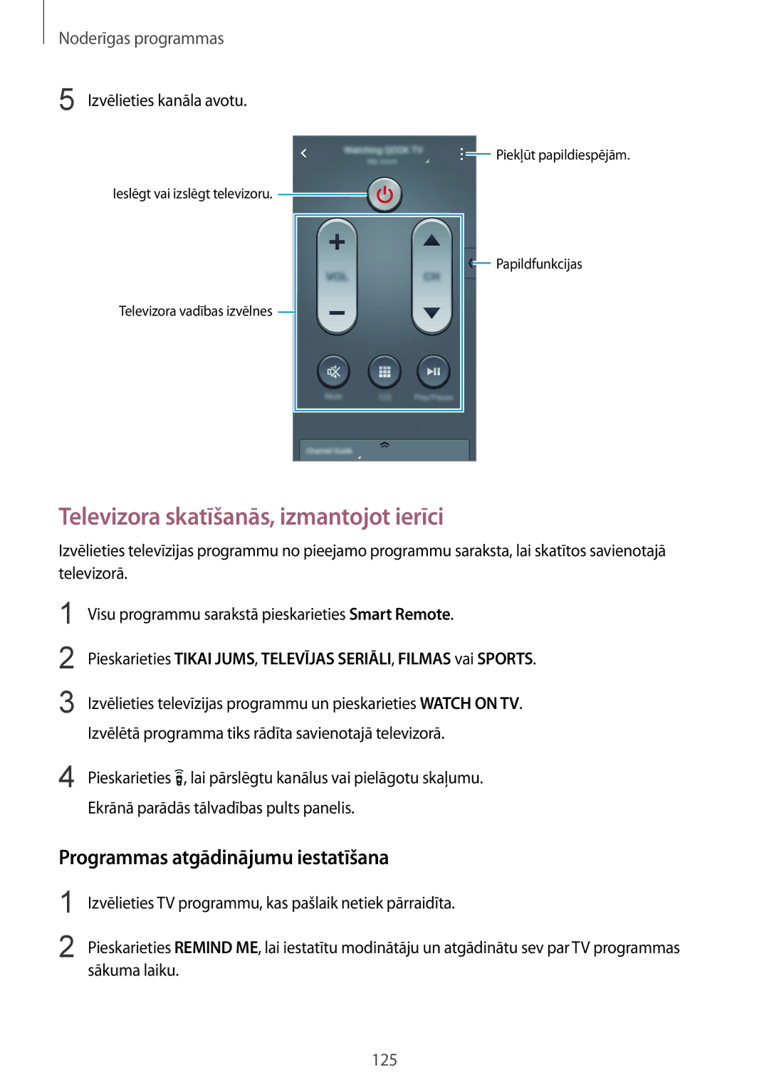 Samsung SM-N910CZWESEB, SM-N910FZWEBAL manual Televizora skatīšanās, izmantojot ierīci, Programmas atgādinājumu iestatīšana 