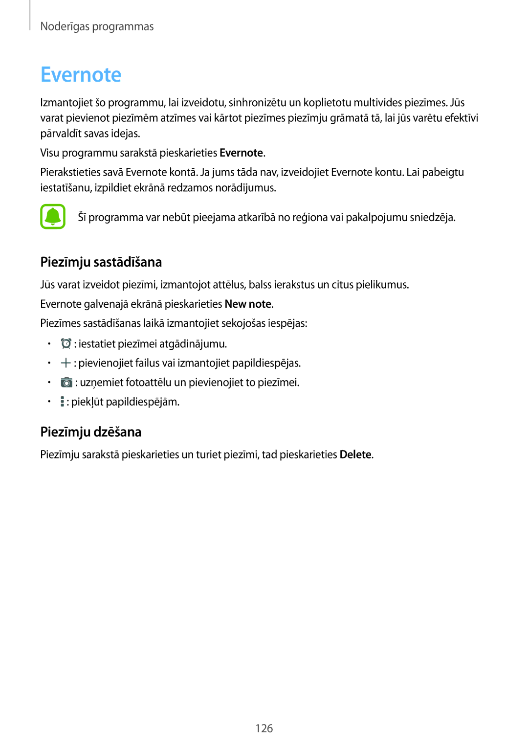 Samsung SM-N910FZWEBAL, SM-N910FZIEBAL, SM-N910FZDEBAL, SM-N910FZKEBAL manual Evernote, Piezīmju sastādīšana, Piezīmju dzēšana 