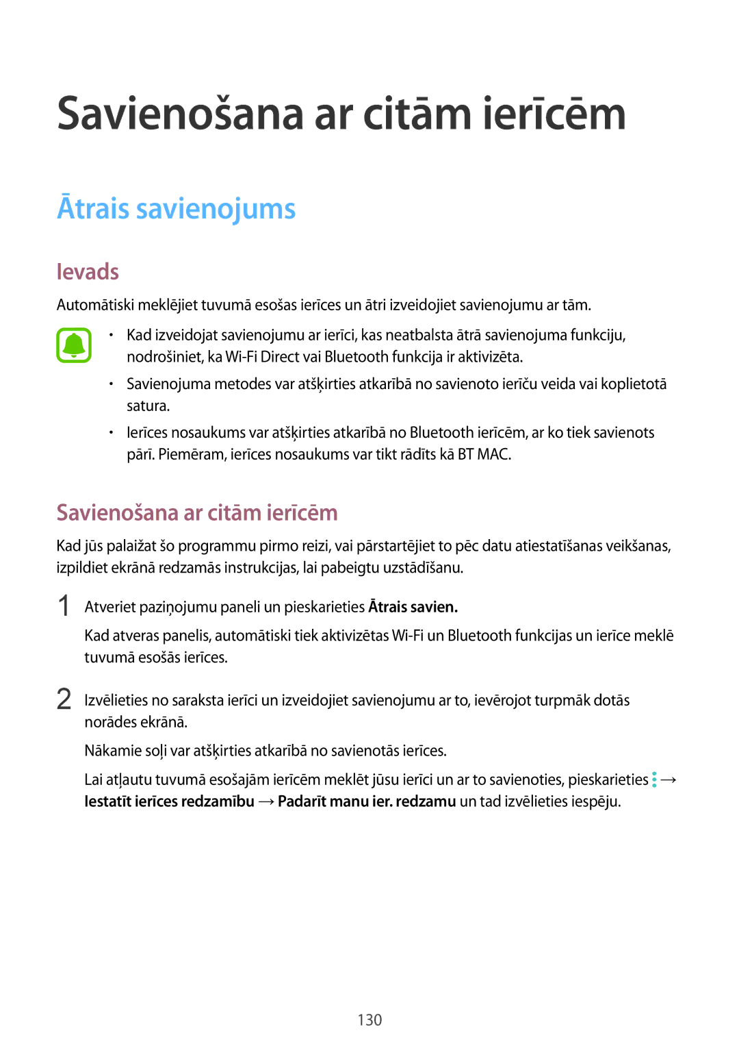 Samsung SM-N910CZKESEB, SM-N910FZWEBAL, SM-N910FZIEBAL, SM-N910FZDEBAL manual Ātrais savienojums, Savienošana ar citām ierīcēm 