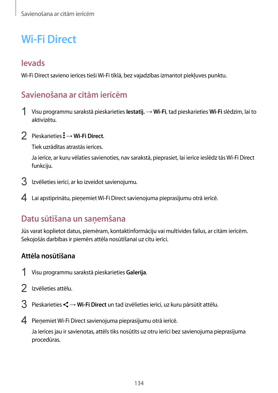 Samsung SM-N910FZIEBAL, SM-N910FZWEBAL, SM-N910FZDEBAL, SM-N910FZKEBAL manual Wi-Fi Direct, Savienošana ar citām ierīcēm 