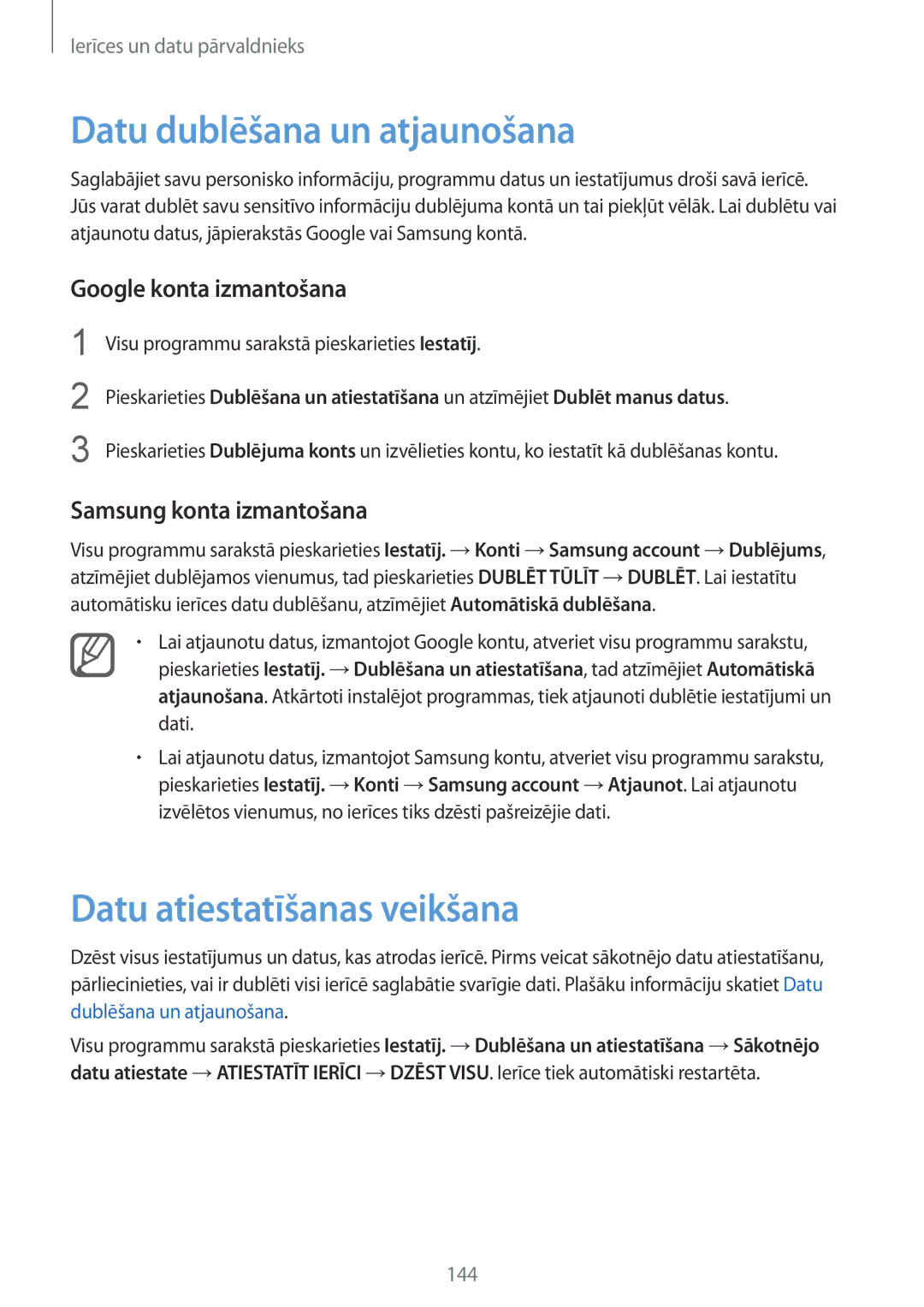 Samsung SM-N910CZKESEB manual Datu dublēšana un atjaunošana, Datu atiestatīšanas veikšana, Google konta izmantošana 