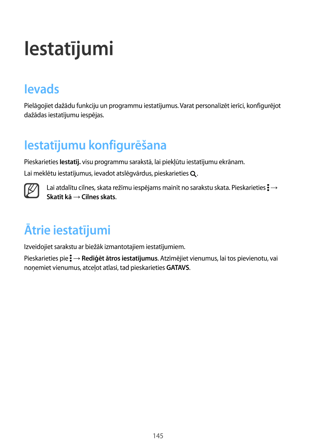 Samsung SM-N910CZDESEB, SM-N910FZWEBAL, SM-N910FZIEBAL Iestatījumi, Ievads, Iestatījumu konfigurēšana, Ātrie iestatījumi 