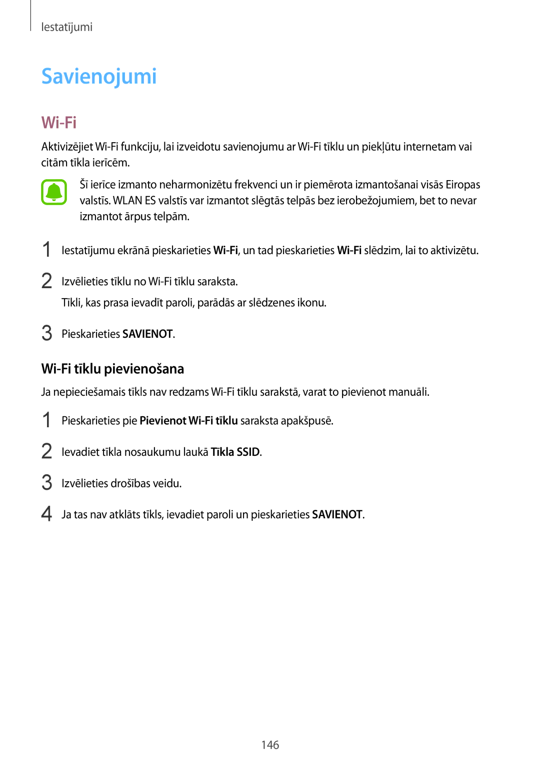 Samsung SM-N910CZWESEB, SM-N910FZWEBAL, SM-N910FZIEBAL, SM-N910FZDEBAL manual Savienojumi, Wi-Fi tīklu pievienošana 