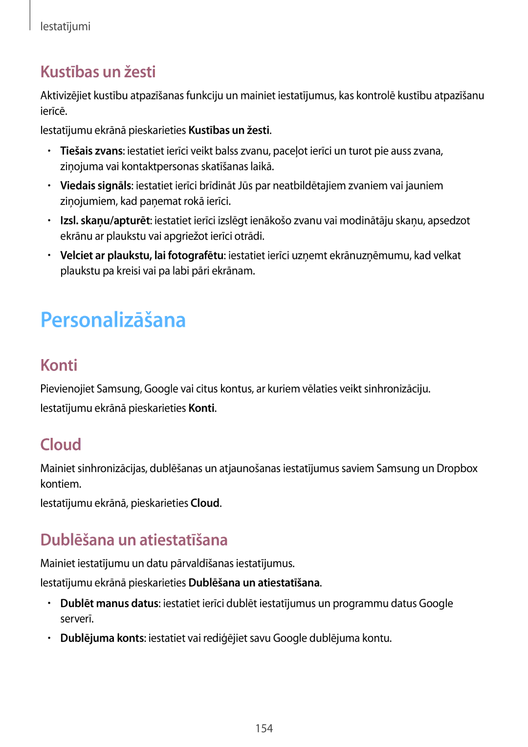 Samsung SM-N910FZWEBAL, SM-N910FZIEBAL manual Personalizāšana, Kustības un žesti, Konti, Cloud, Dublēšana un atiestatīšana 