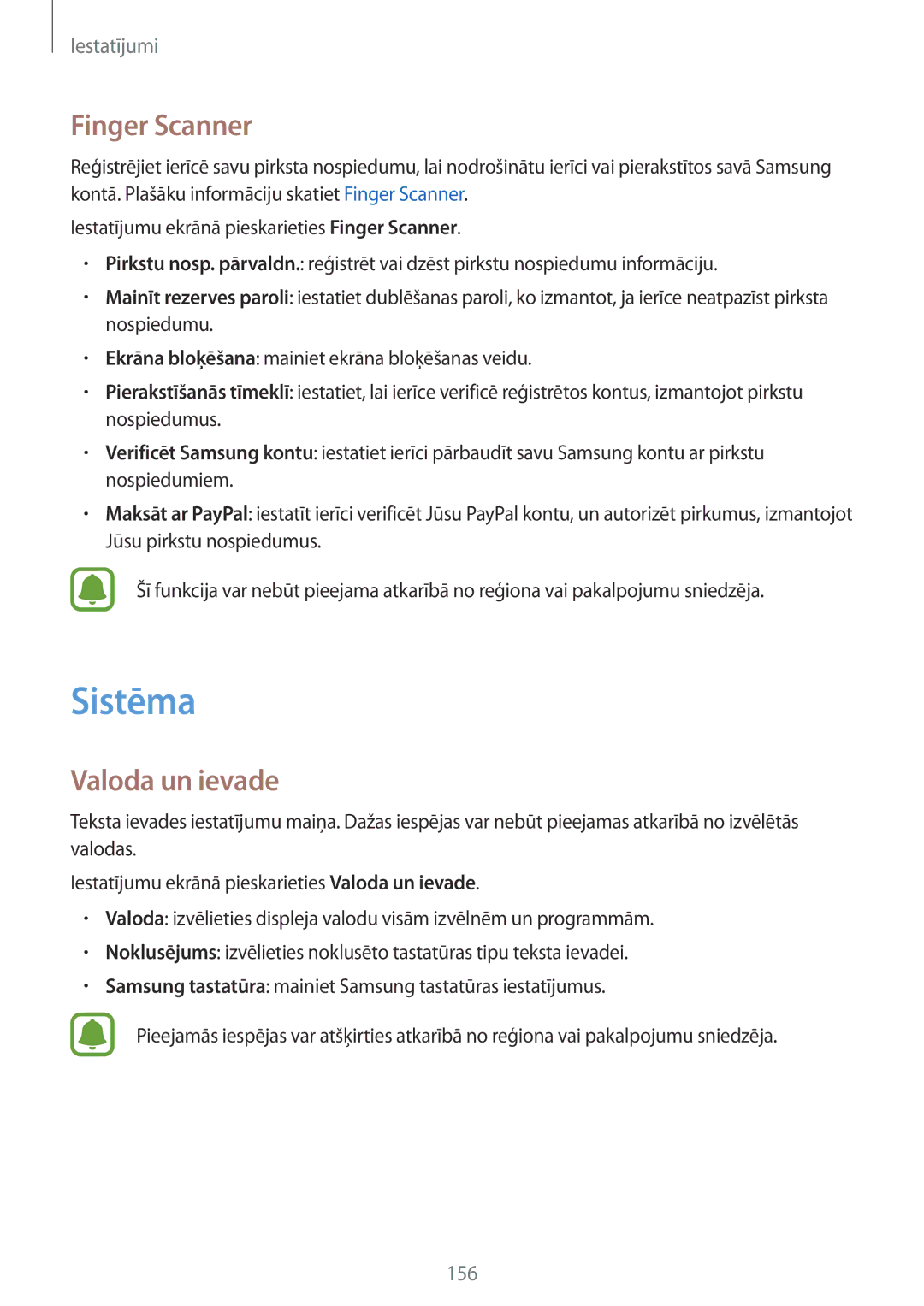 Samsung SM-N910FZDEBAL, SM-N910FZWEBAL, SM-N910FZIEBAL, SM-N910FZKEBAL manual Sistēma, Finger Scanner, Valoda un ievade 