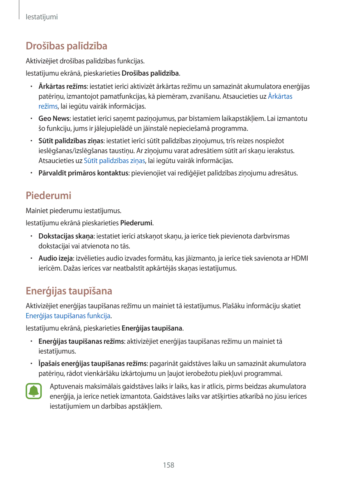 Samsung SM-N910CZKESEB, SM-N910FZWEBAL, SM-N910FZIEBAL, SM-N910FZDEBAL Drošības palīdzība, Piederumi, Enerģijas taupīšana 