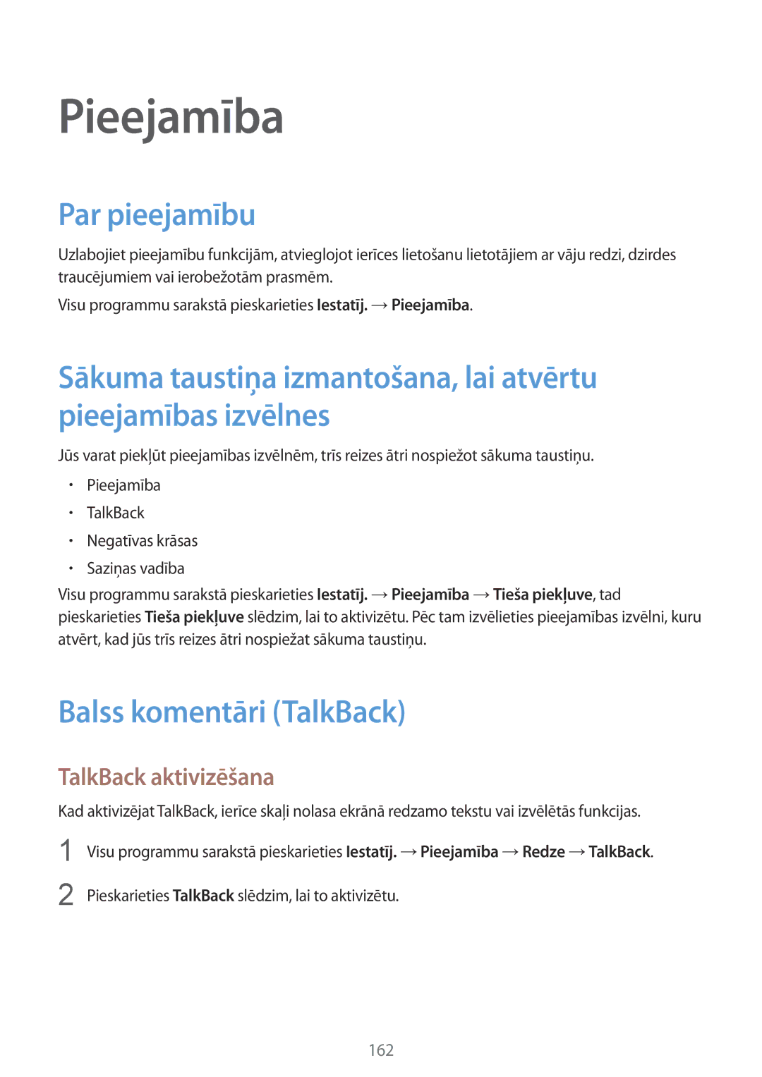 Samsung SM-N910FZIEBAL, SM-N910FZWEBAL manual Pieejamība, Par pieejamību, Balss komentāri TalkBack, TalkBack aktivizēšana 