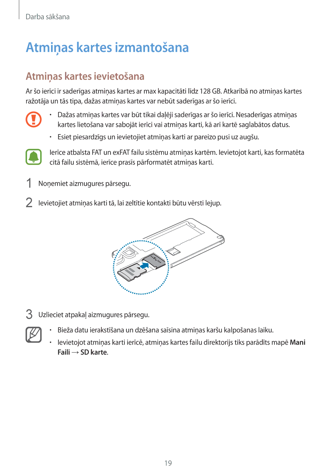 Samsung SM-N910CZDESEB, SM-N910FZWEBAL, SM-N910FZIEBAL manual Atmiņas kartes izmantošana, Atmiņas kartes ievietošana 