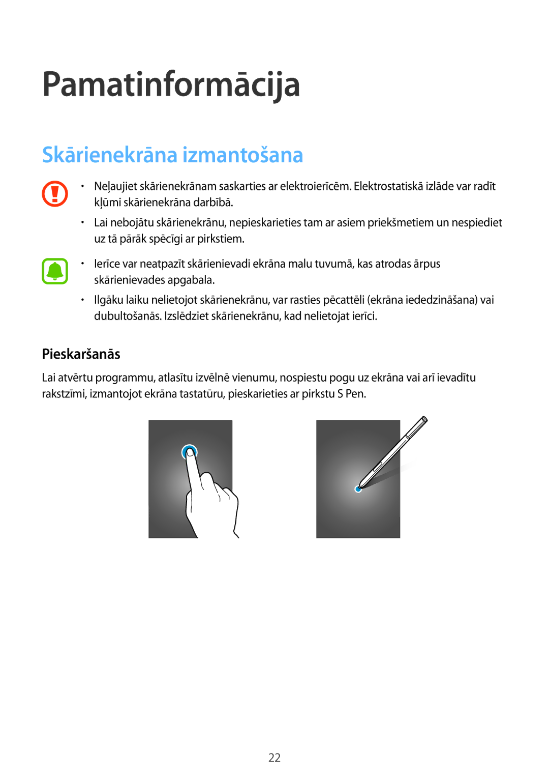 Samsung SM-N910FZIEBAL, SM-N910FZWEBAL, SM-N910FZDEBAL manual Pamatinformācija, Skārienekrāna izmantošana, Pieskaršanās 