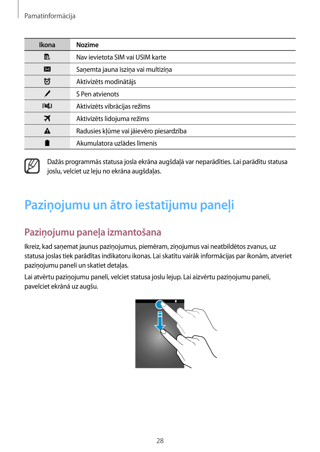 Samsung SM-N910FZWEBAL, SM-N910FZIEBAL, SM-N910FZDEBAL Paziņojumu un ātro iestatījumu paneļi, Paziņojumu paneļa izmantošana 