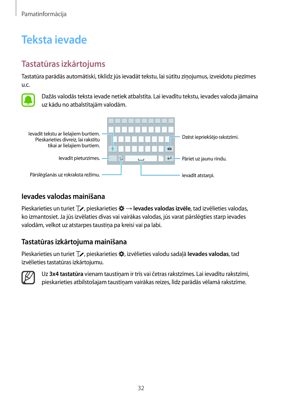 Samsung SM-N910CZKESEB Teksta ievade, Tastatūras izkārtojums, Ievades valodas mainīšana, Tastatūras izkārtojuma mainīšana 