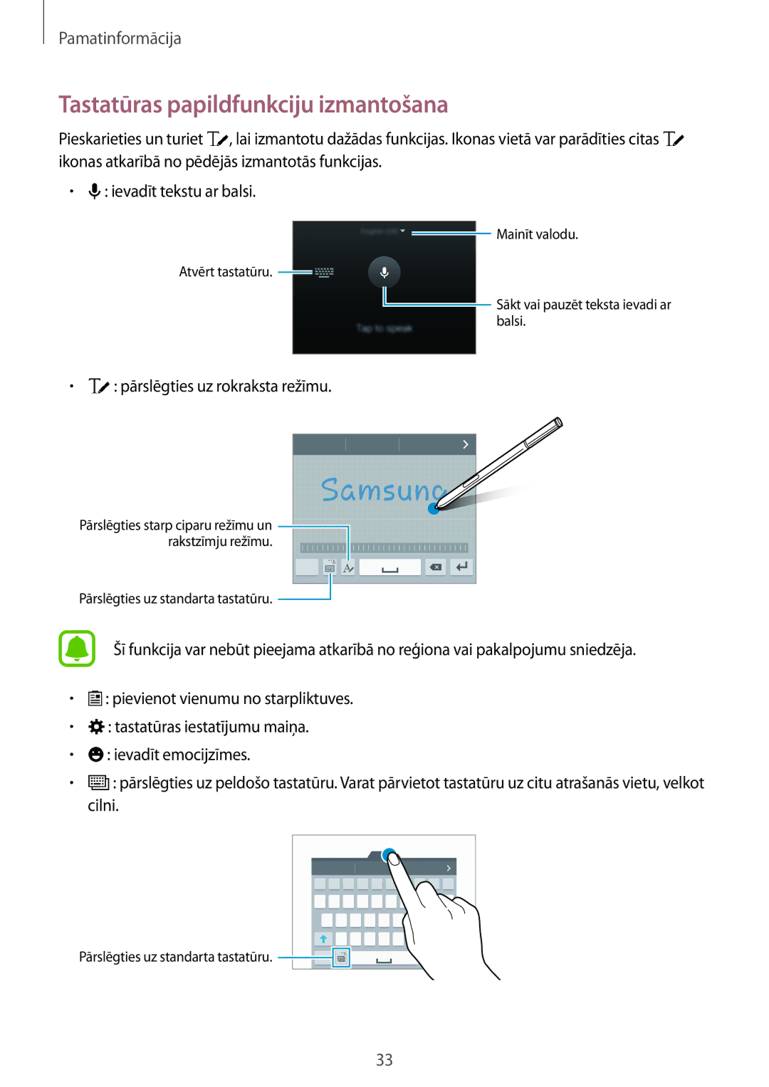 Samsung SM-N910CZDESEB, SM-N910FZWEBAL manual Tastatūras papildfunkciju izmantošana, Pārslēgties uz rokraksta režīmu 