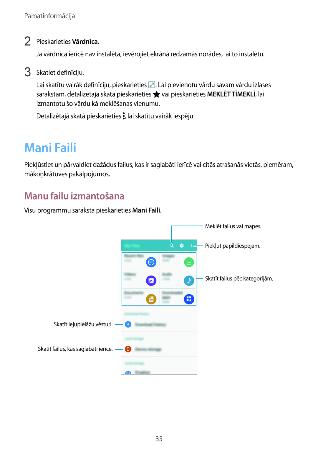 Samsung SM-N910FZWEBAL, SM-N910FZIEBAL manual Manu failu izmantošana, Visu programmu sarakstā pieskarieties Mani Faili 