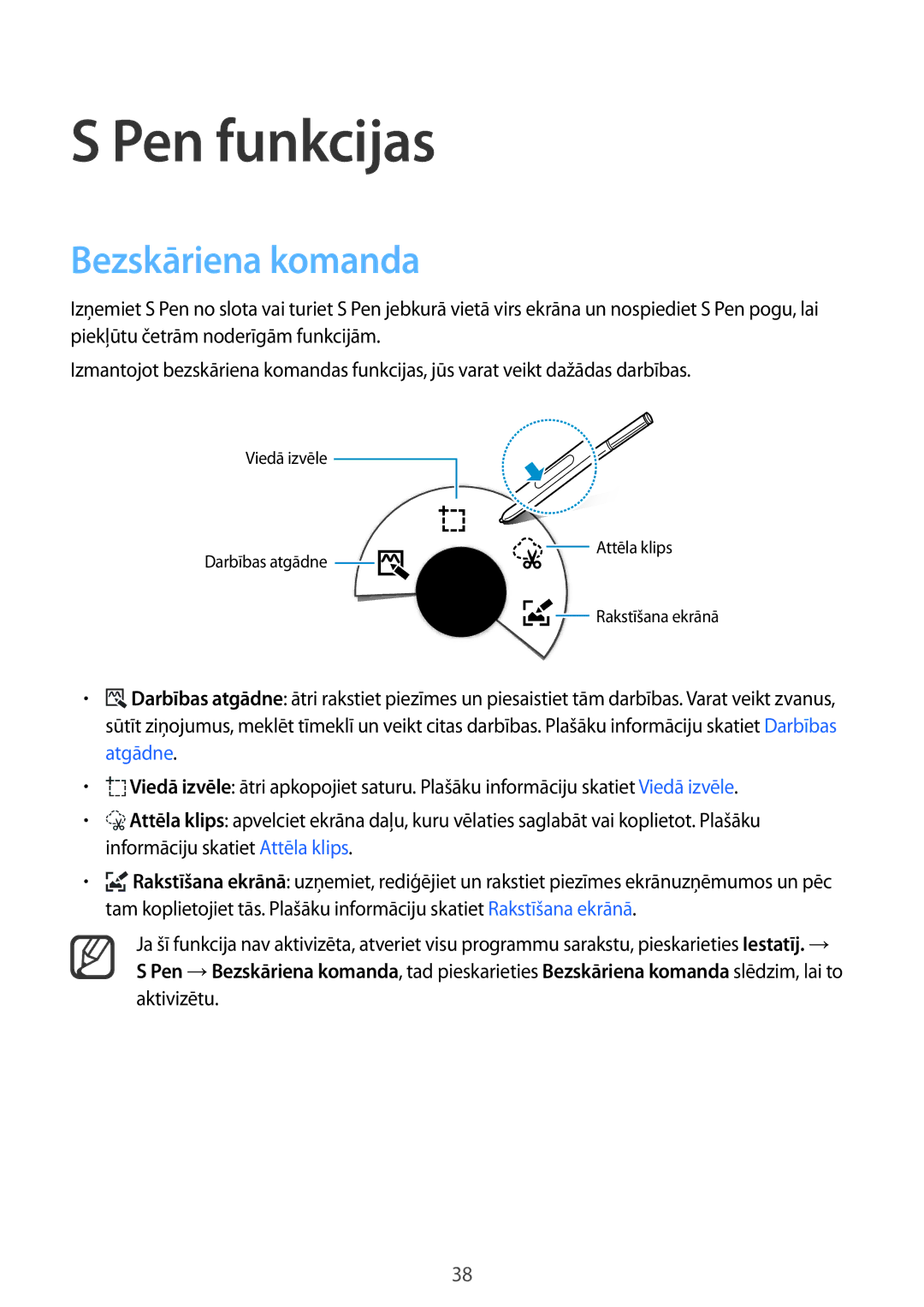 Samsung SM-N910FZKEBAL, SM-N910FZWEBAL, SM-N910FZIEBAL, SM-N910FZDEBAL, SM-N910CZKESEB Pen funkcijas, Bezskāriena komanda 