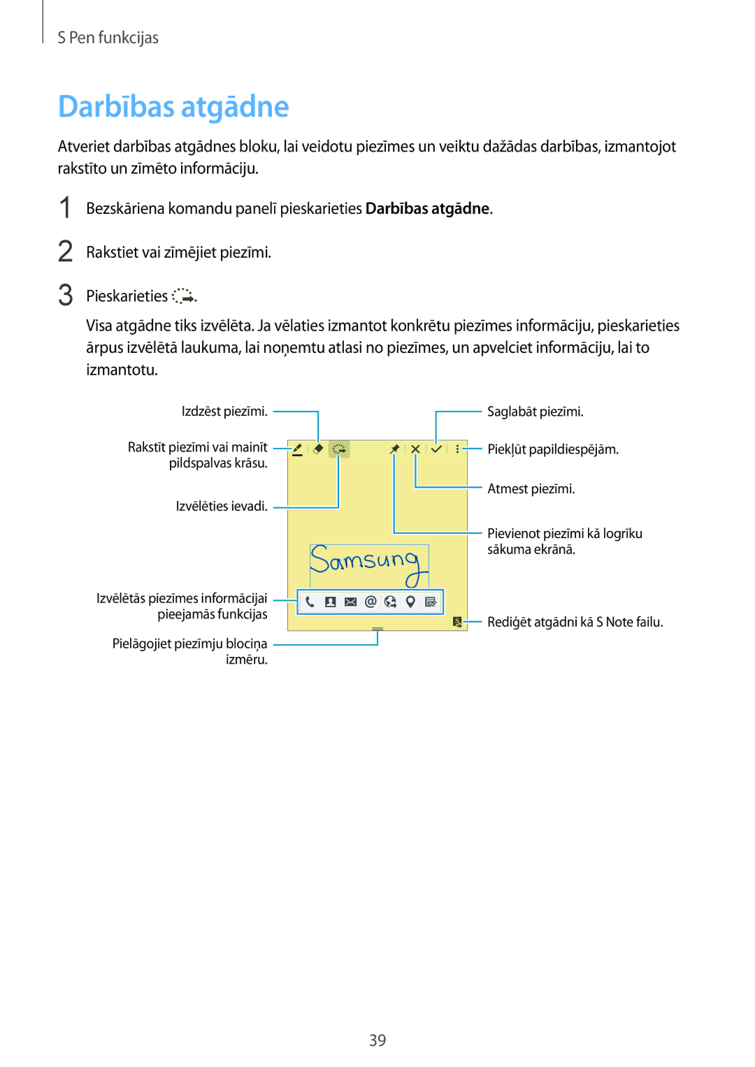 Samsung SM-N910CZKESEB, SM-N910FZWEBAL, SM-N910FZIEBAL, SM-N910FZDEBAL, SM-N910FZKEBAL, SM-N910CZDESEB manual Darbības atgādne 