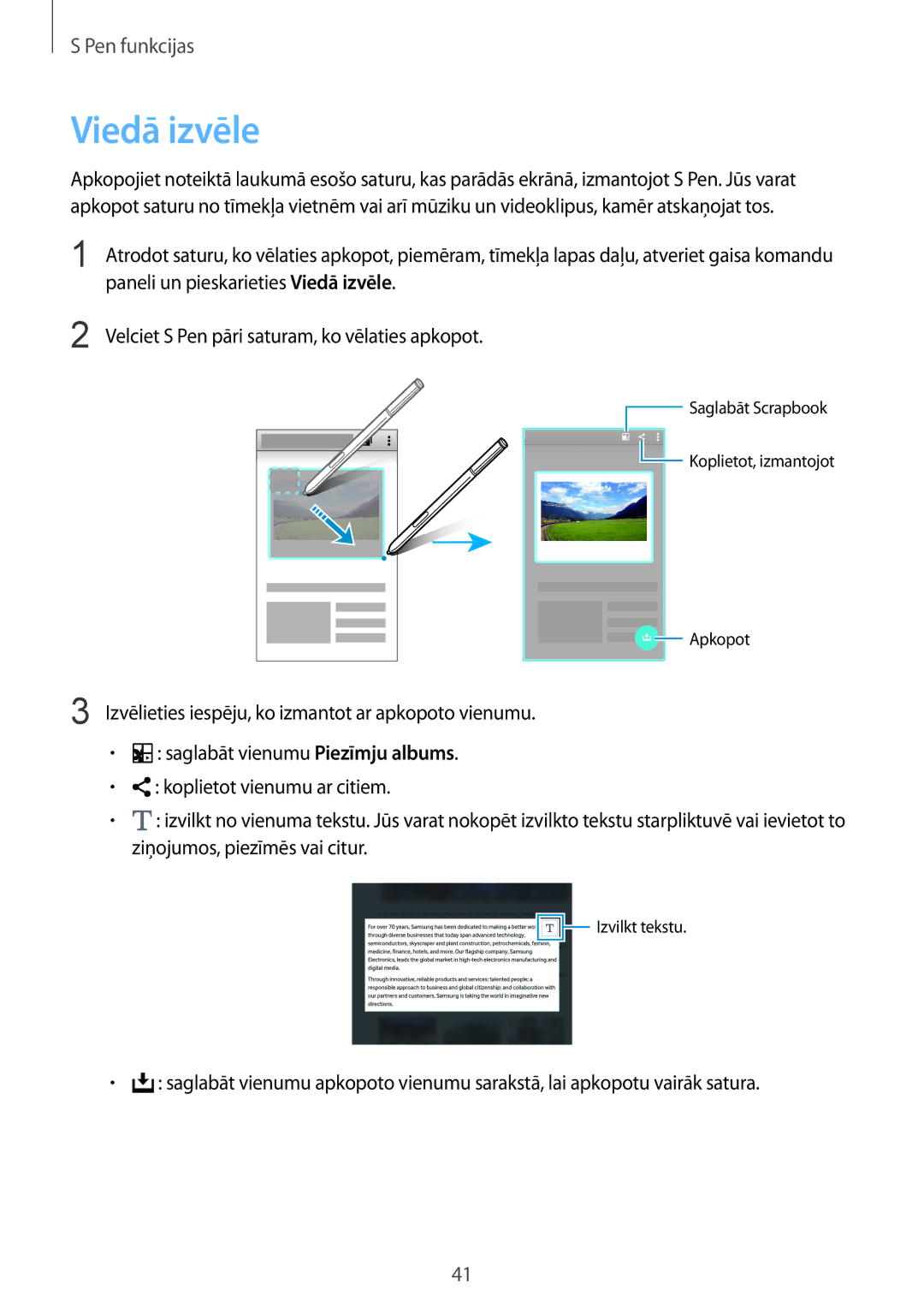 Samsung SM-N910CZWESEB manual Paneli un pieskarieties Viedā izvēle, Velciet S Pen pāri saturam, ko vēlaties apkopot 