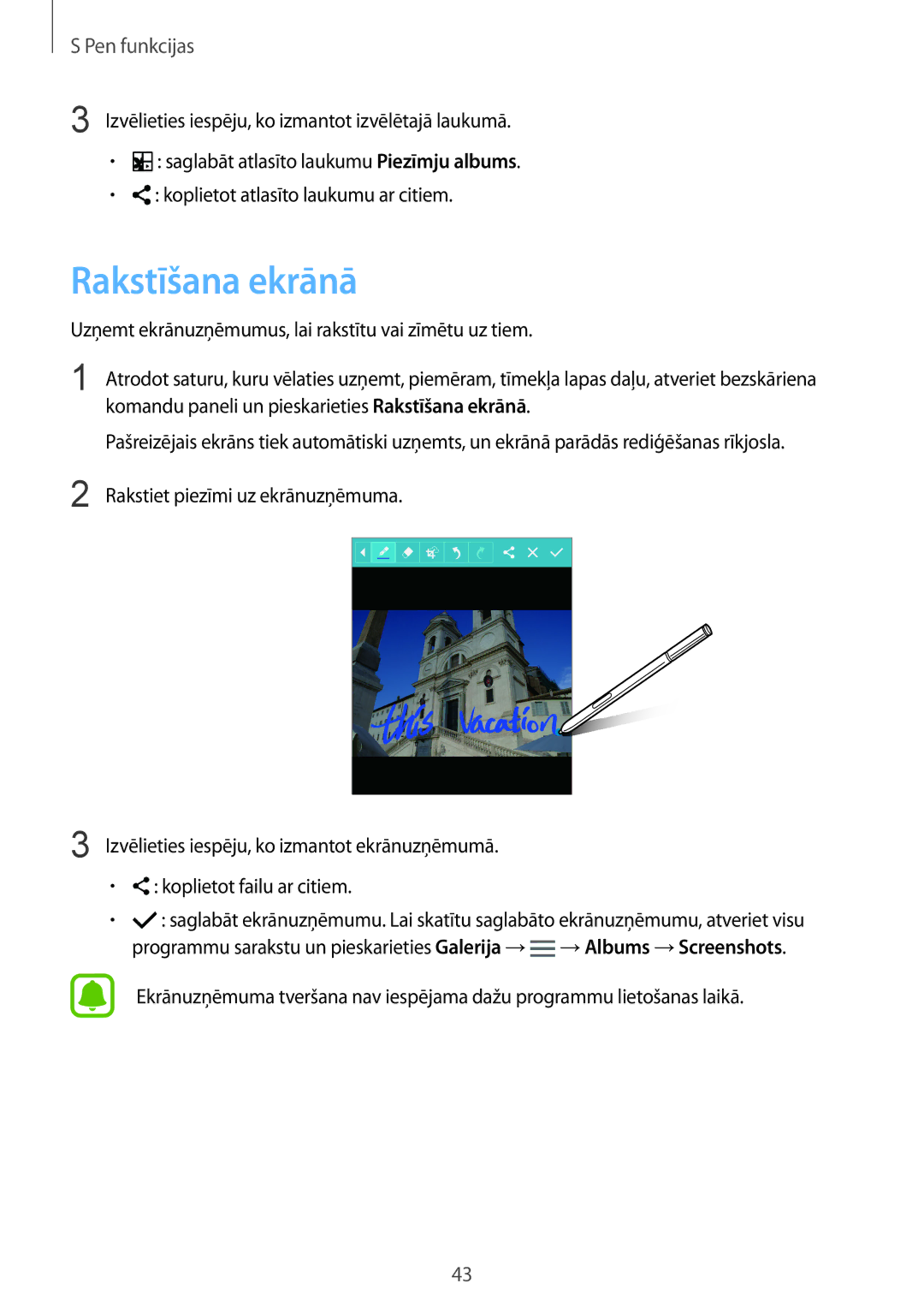 Samsung SM-N910FZIEBAL, SM-N910FZWEBAL manual Rakstīšana ekrānā, Uzņemt ekrānuzņēmumus, lai rakstītu vai zīmētu uz tiem 