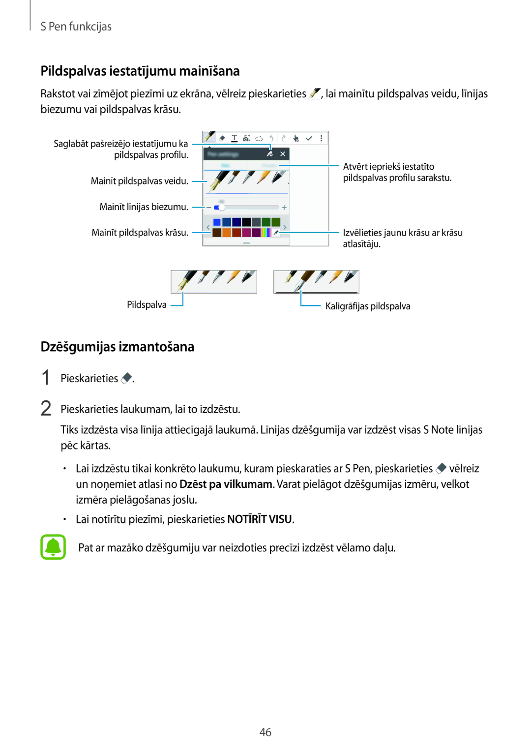 Samsung SM-N910CZKESEB manual Pildspalvas iestatījumu mainīšana, Dzēšgumijas izmantošana, Biezumu vai pildspalvas krāsu 