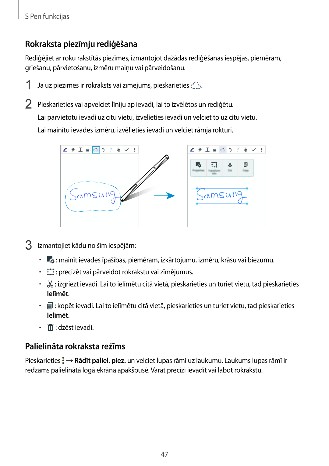 Samsung SM-N910CZDESEB, SM-N910FZWEBAL, SM-N910FZIEBAL manual Rokraksta piezīmju rediģēšana, Palielināta rokraksta režīms 