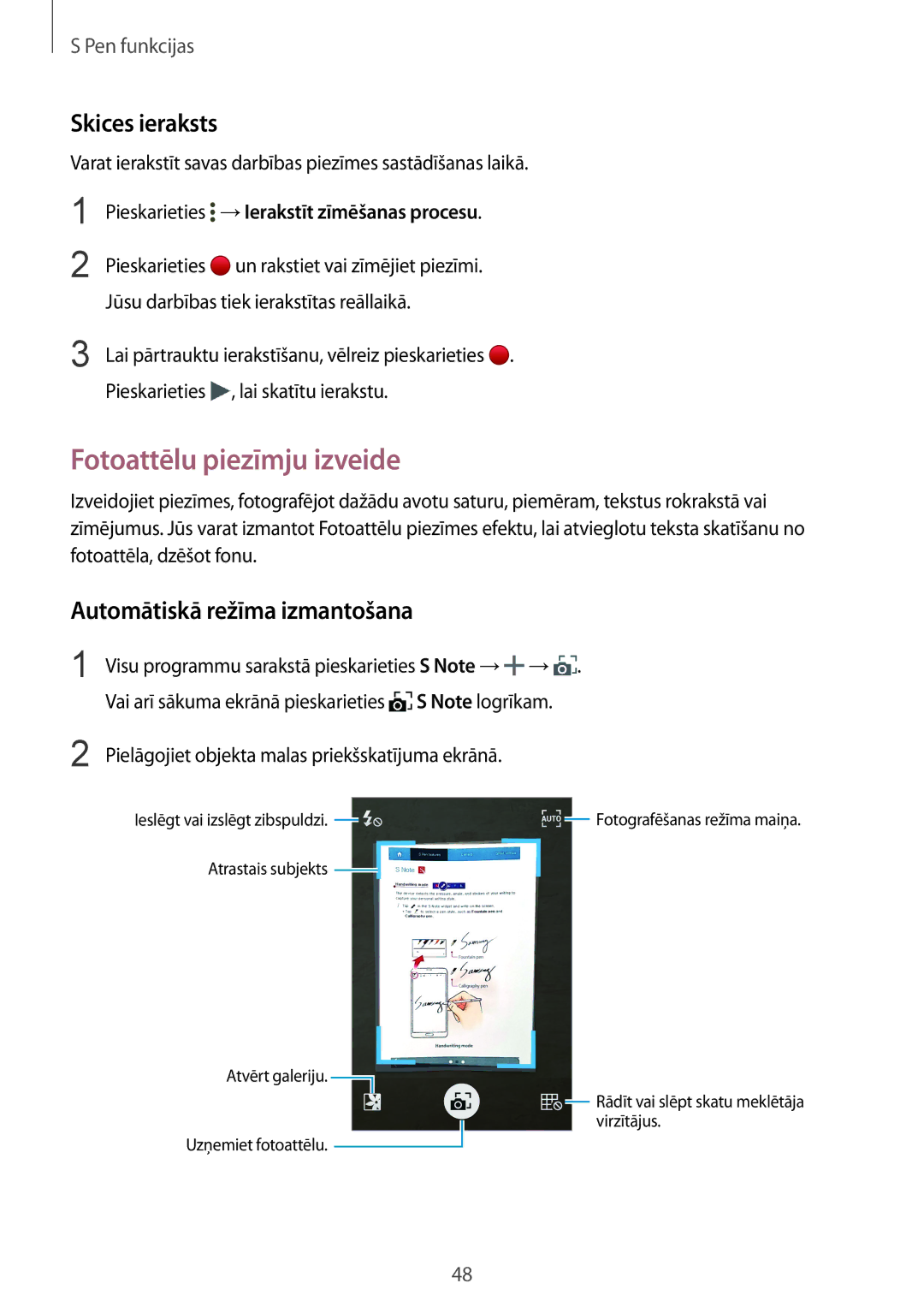 Samsung SM-N910CZWESEB, SM-N910FZWEBAL manual Fotoattēlu piezīmju izveide, Skices ieraksts, Automātiskā režīma izmantošana 