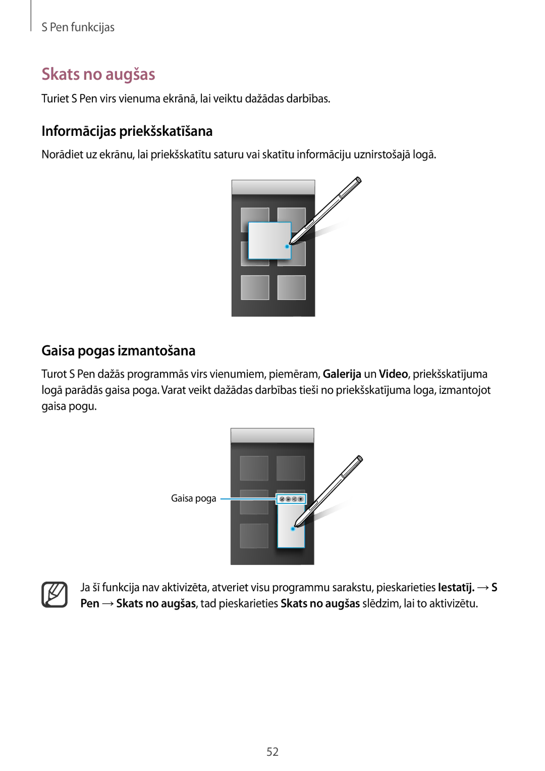 Samsung SM-N910FZKEBAL, SM-N910FZWEBAL manual Skats no augšas, Informācijas priekšskatīšana, Gaisa pogas izmantošana 