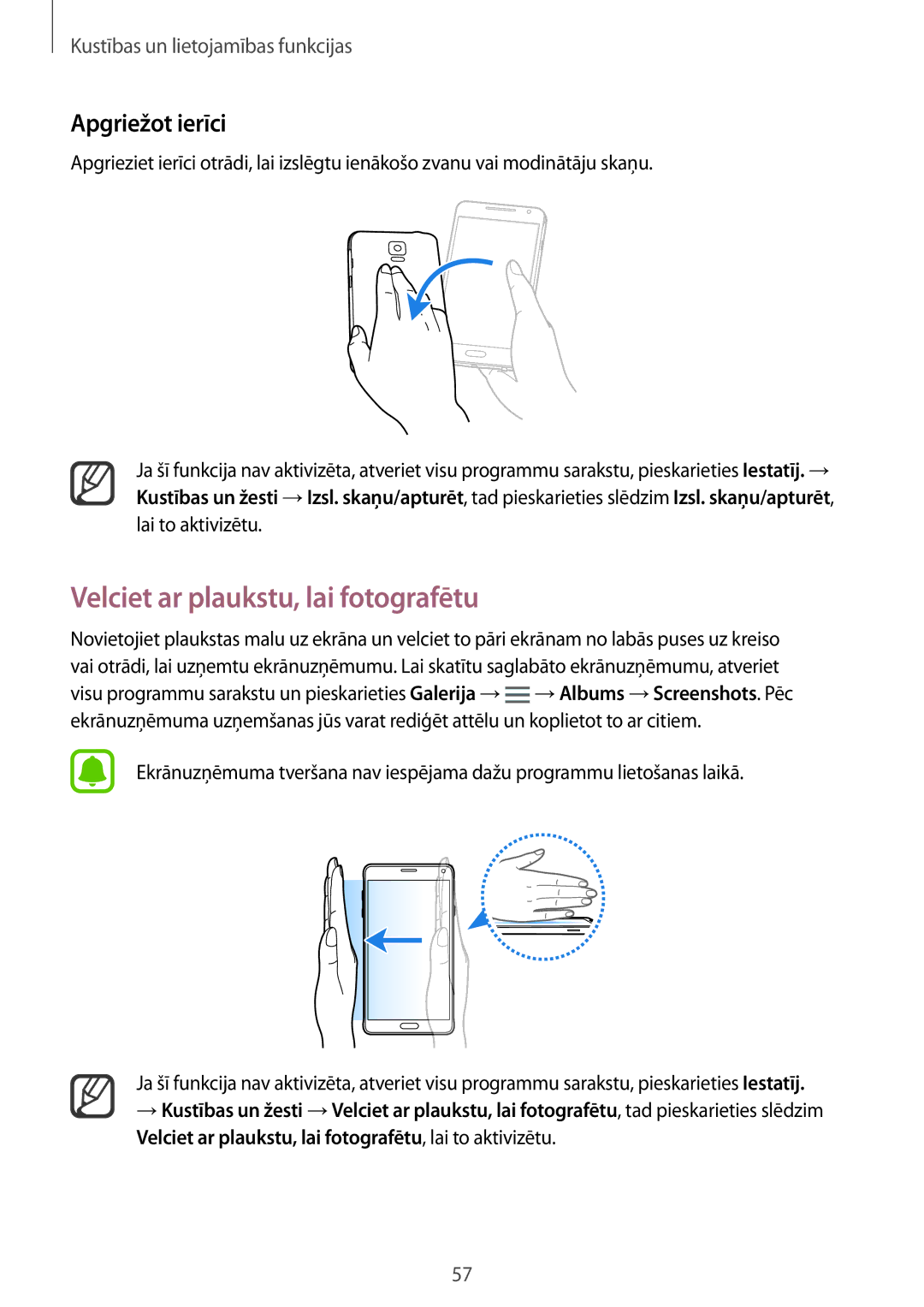 Samsung SM-N910FZIEBAL, SM-N910FZWEBAL, SM-N910FZDEBAL manual Velciet ar plaukstu, lai fotografētu, Apgriežot ierīci 