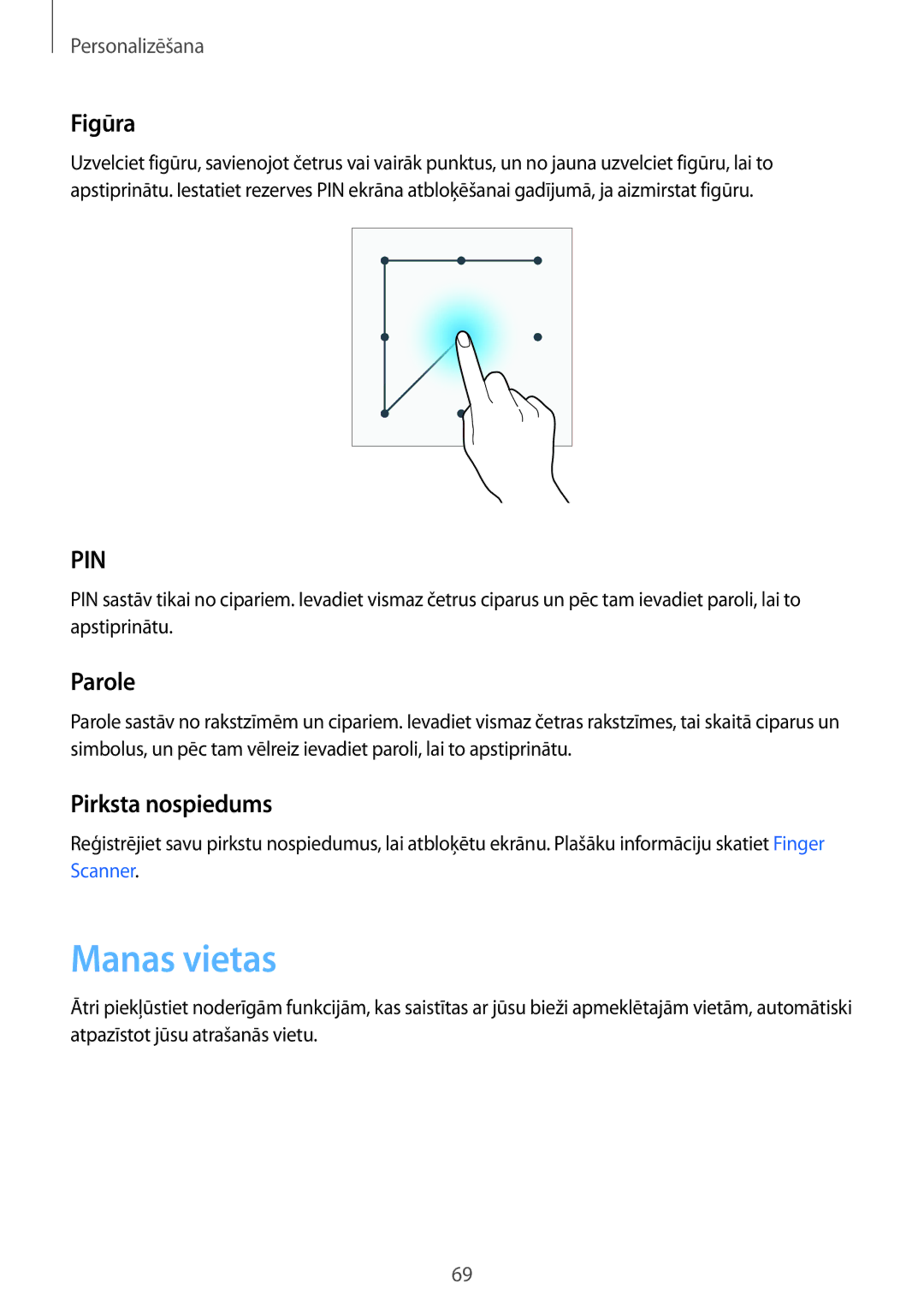 Samsung SM-N910CZWESEB, SM-N910FZWEBAL, SM-N910FZIEBAL, SM-N910FZDEBAL manual Manas vietas, Figūra, Parole, Pirksta nospiedums 