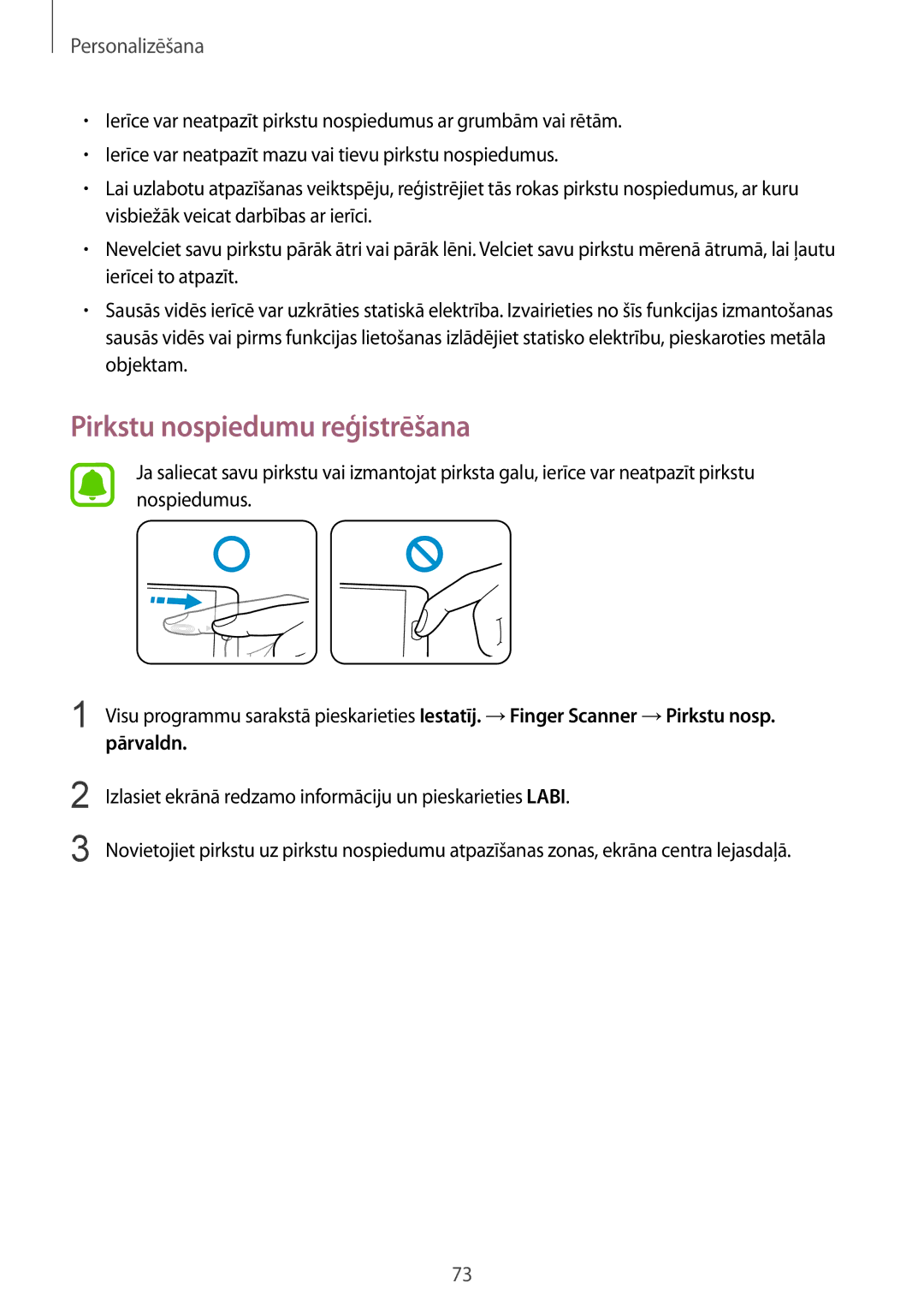 Samsung SM-N910FZKEBAL, SM-N910FZWEBAL, SM-N910FZIEBAL, SM-N910FZDEBAL manual Pirkstu nospiedumu reģistrēšana, Pārvaldn 