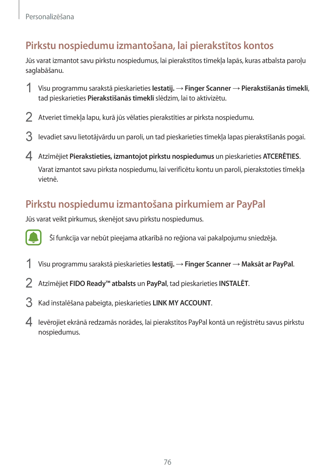 Samsung SM-N910CZWESEB, SM-N910FZWEBAL, SM-N910FZIEBAL manual Pirkstu nospiedumu izmantošana, lai pierakstītos kontos 