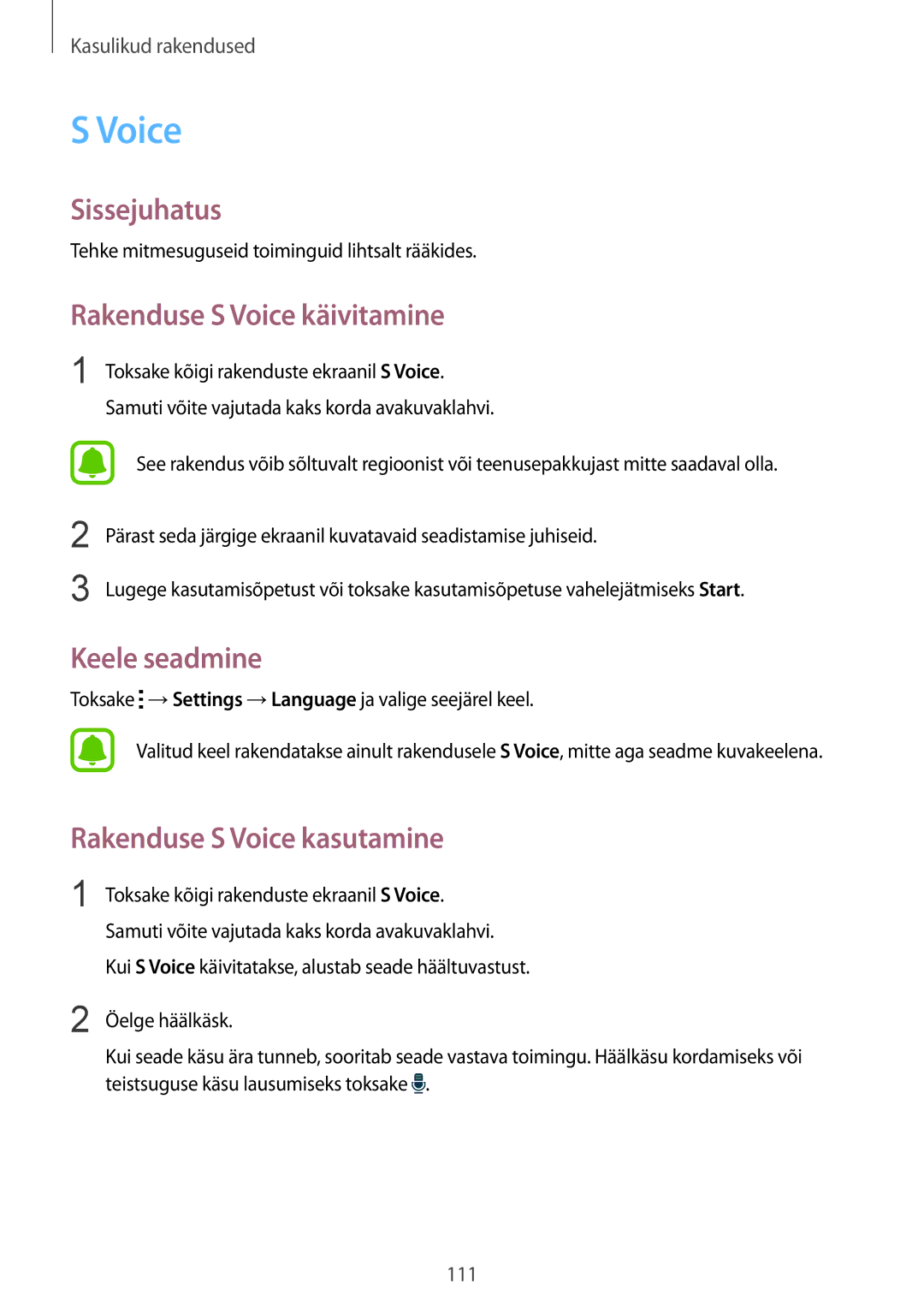 Samsung SM-N910CZWESEB, SM-N910FZWEBAL Rakenduse S Voice käivitamine, Keele seadmine, Rakenduse S Voice kasutamine 