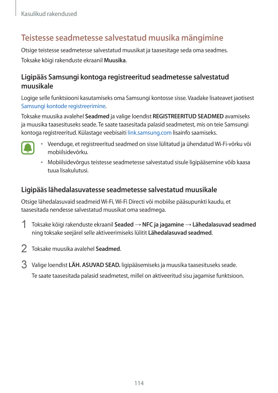 Samsung SM-N910FZDEBAL manual Teistesse seadmetesse salvestatud muusika mängimine, Toksake muusika avalehel Seadmed 