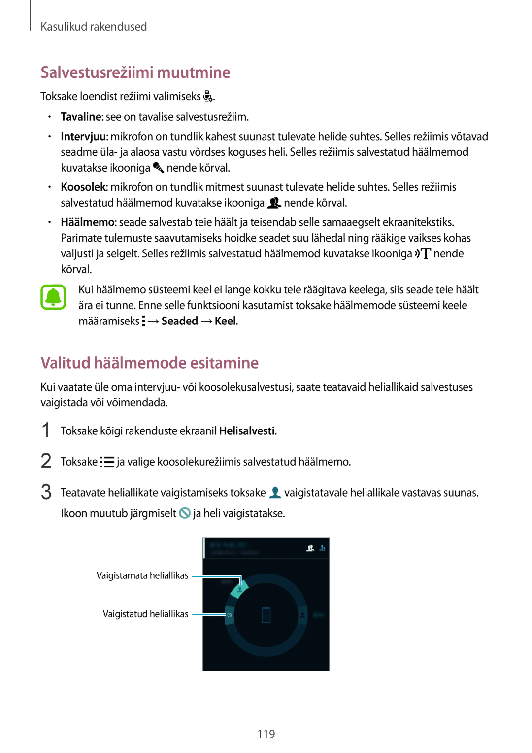 Samsung SM-N910FZWEBAL, SM-N910FZIEBAL, SM-N910FZDEBAL manual Salvestusrežiimi muutmine, Valitud häälmemode esitamine 